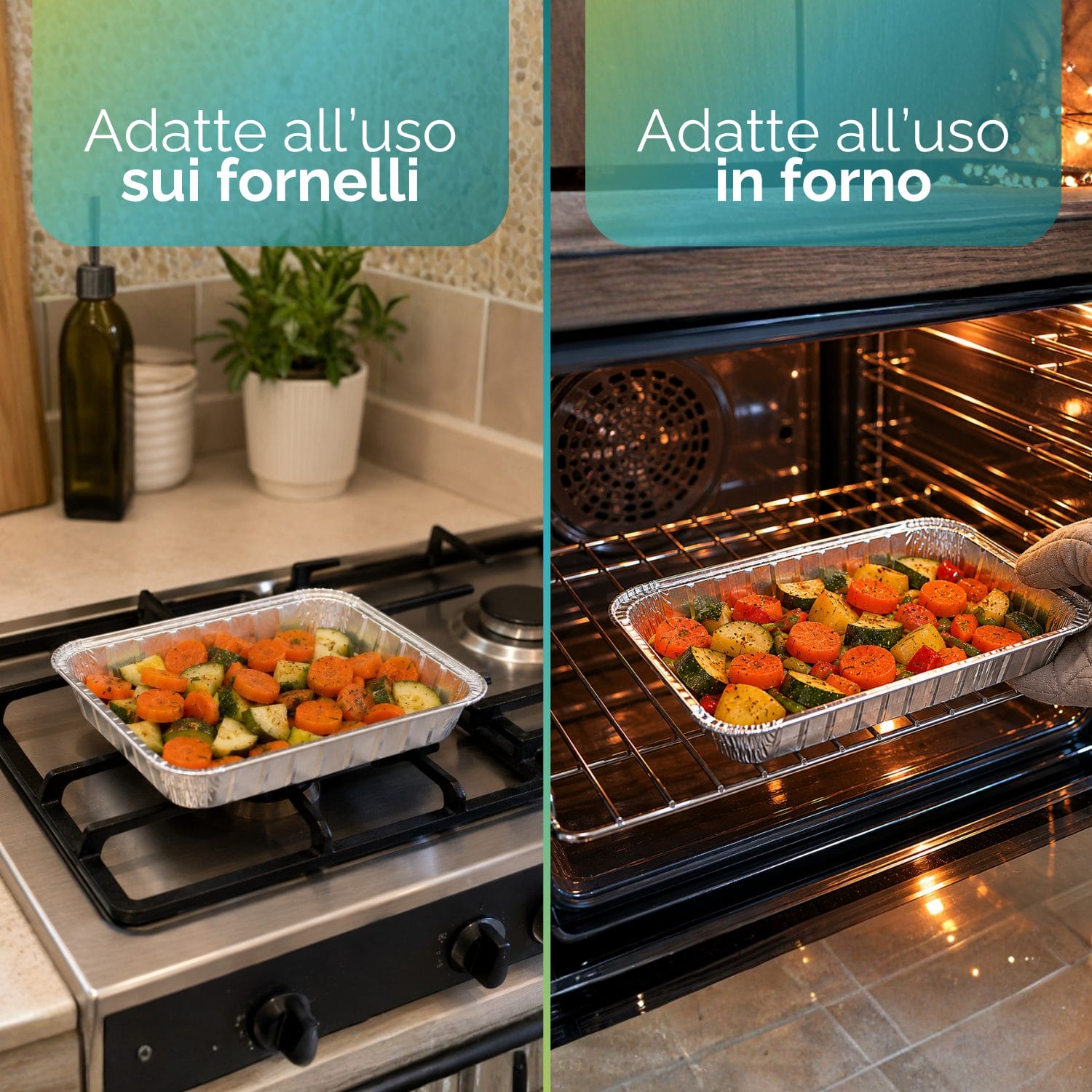 Contenitore in alluminio 4 porzioni adatto a forno e fornelli per cottura e riscaldamento alimenti