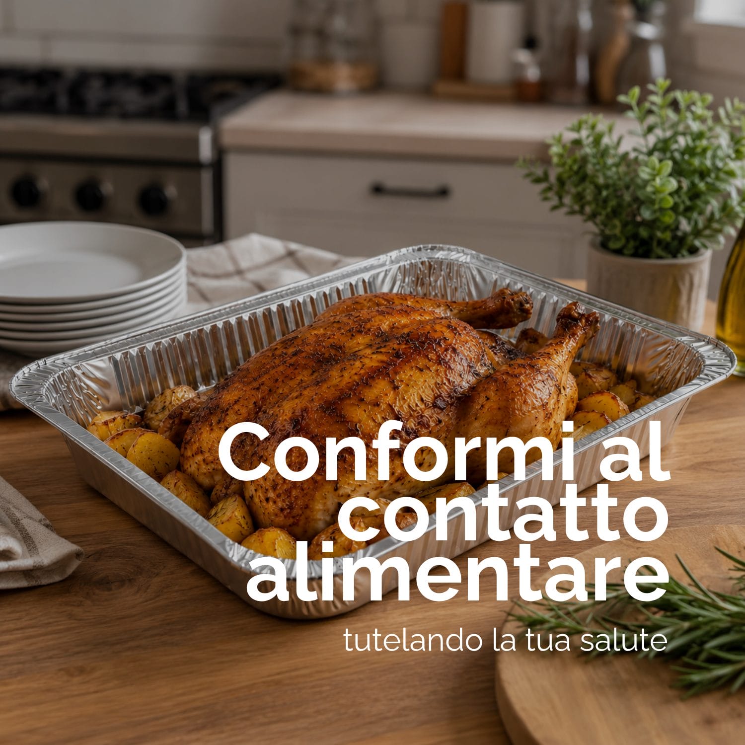 Contenitore alluminio 8 porzioni per alimenti con pollo arrosto, idoneo al contatto alimentare