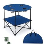 Tavolo campeggio rotondo pieghevole blu con portabicchieri e ripiano