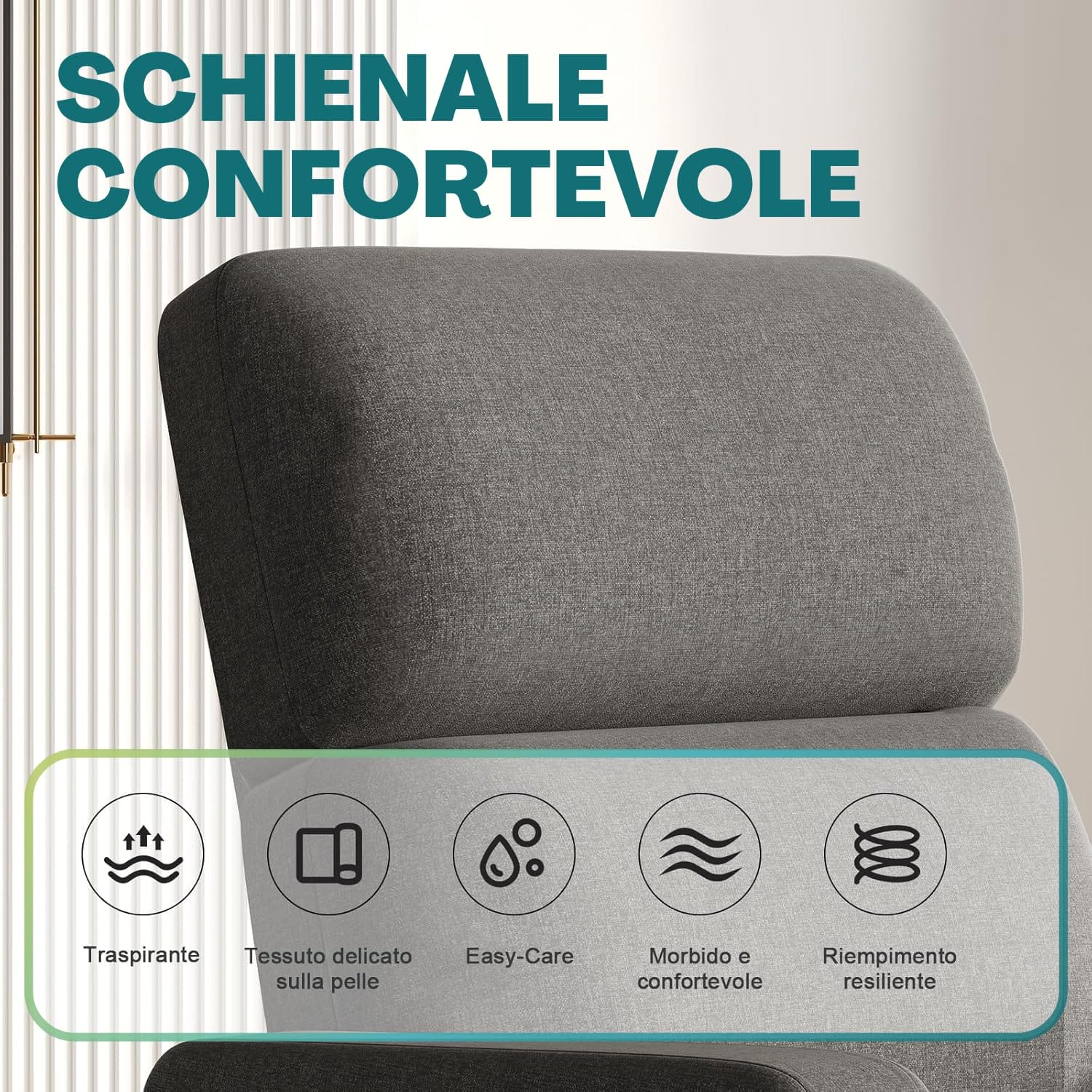 Schienale confortevole della poltrona Sogno in tessuto grigio, morbido e traspirante