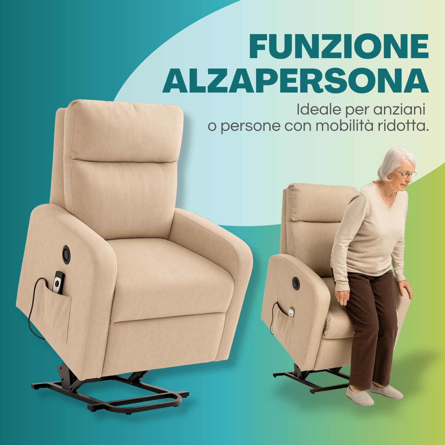 Poltrona relax elettrica con meccanismo alzapersona, ideale per supporto nella fase di risalita