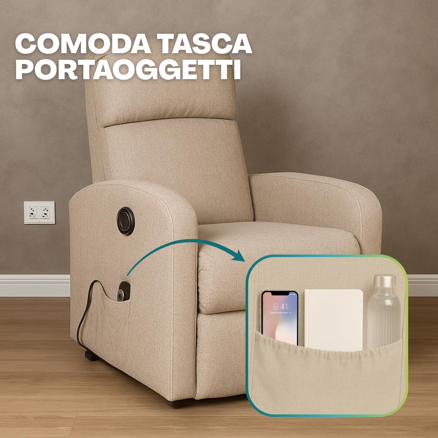 Tasca portaoggetti laterale della poltrona relax reclinabile Dynamica in tessuto tortora chiaro