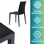 Dettagli sedia e tavolo neri con gommini antiscivolo e intreccio rattan