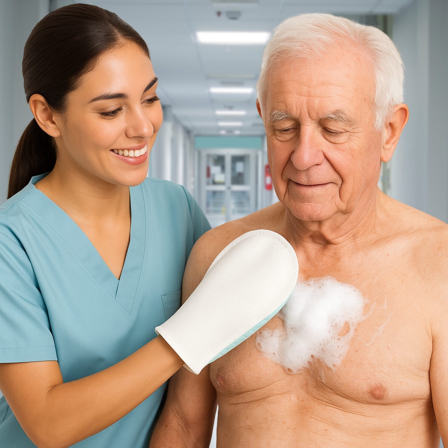 Pulizia delicata su anziani con guanto saponato monouso per uso sanitario e assistenza