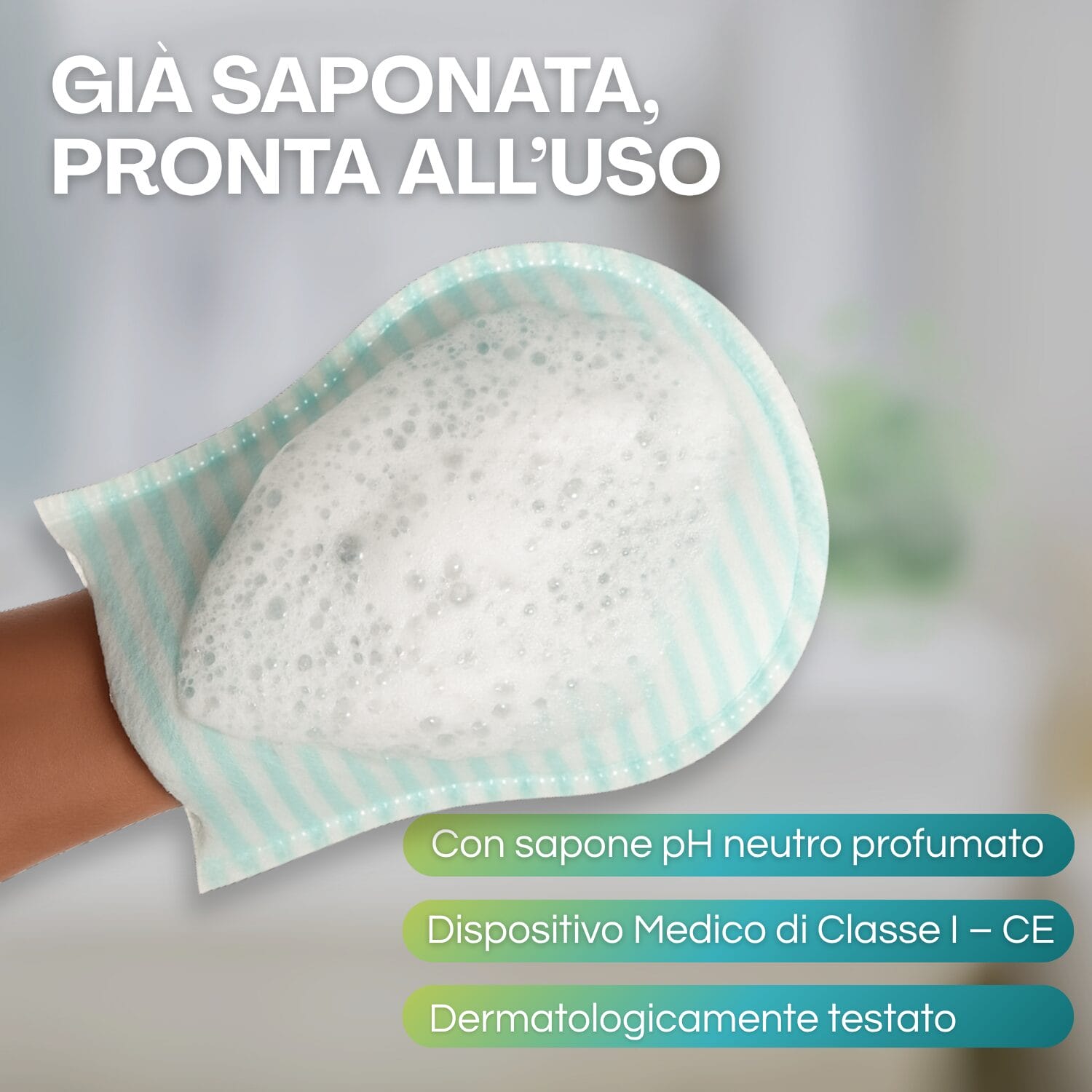 Manopola saponata con schiuma attiva, pronta all’uso, pH neutro e test dermatologico