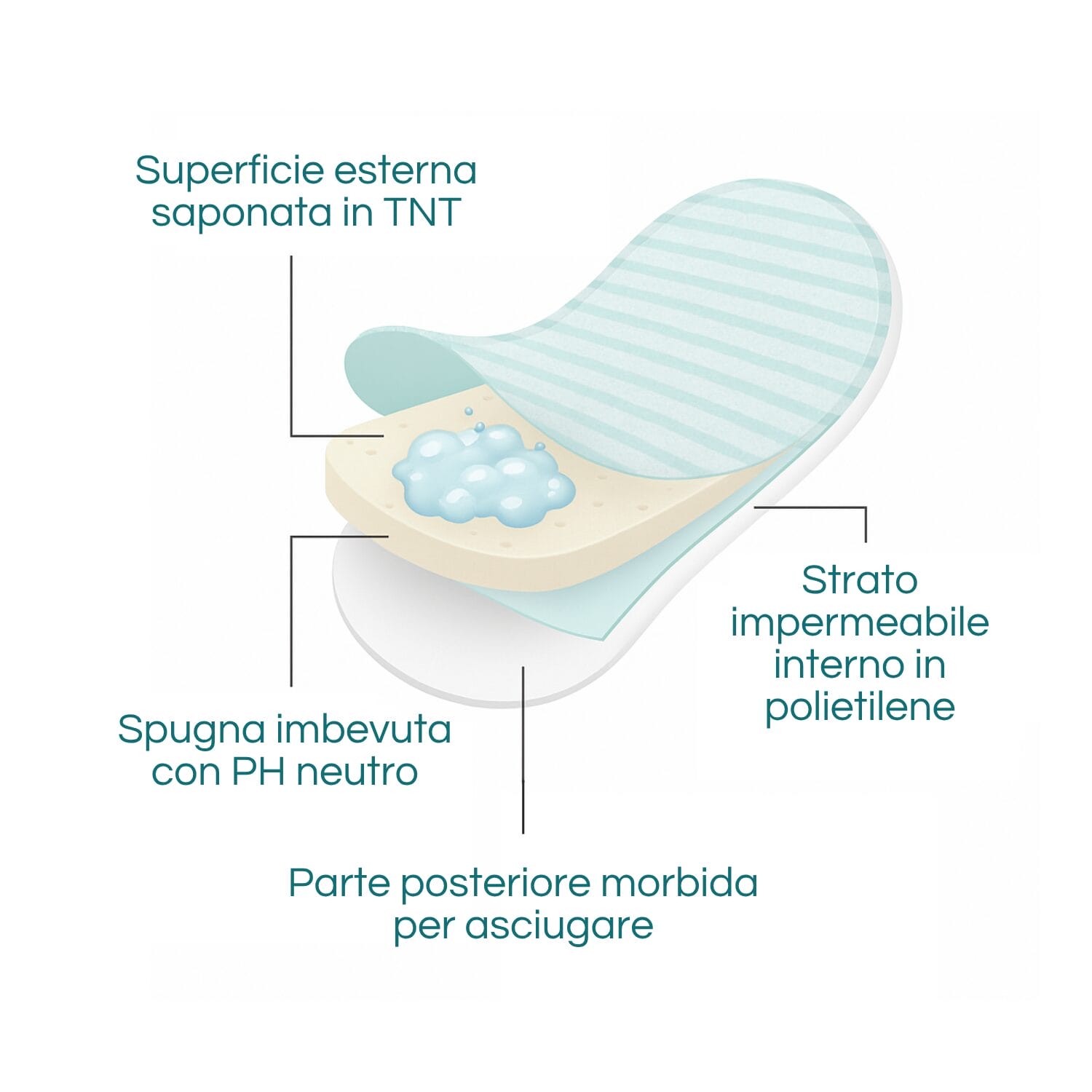 Strati manopola saponata: TNT, spugna pH neutro, strato impermeabile e asciugatura.