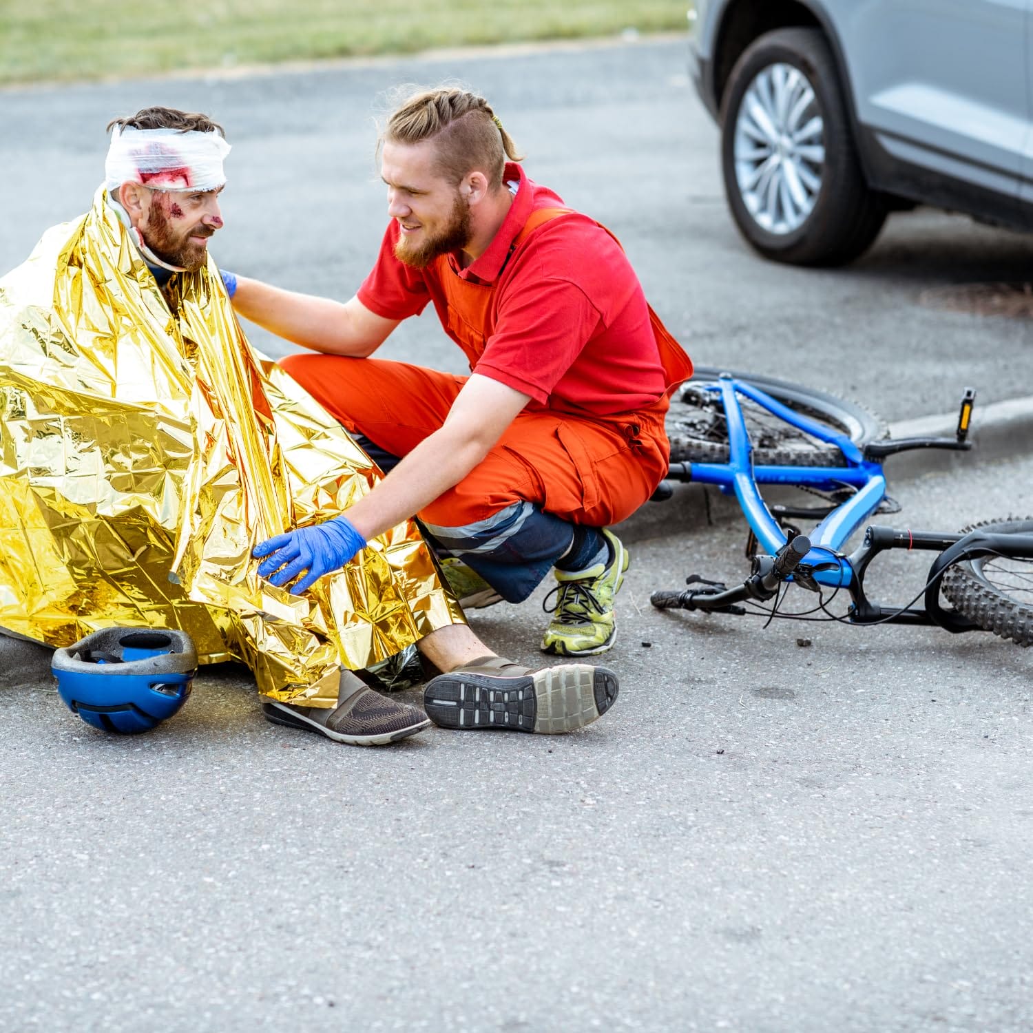 Coperta di sopravvivenza oro e argento usata in emergenza per protezione termica outdoor