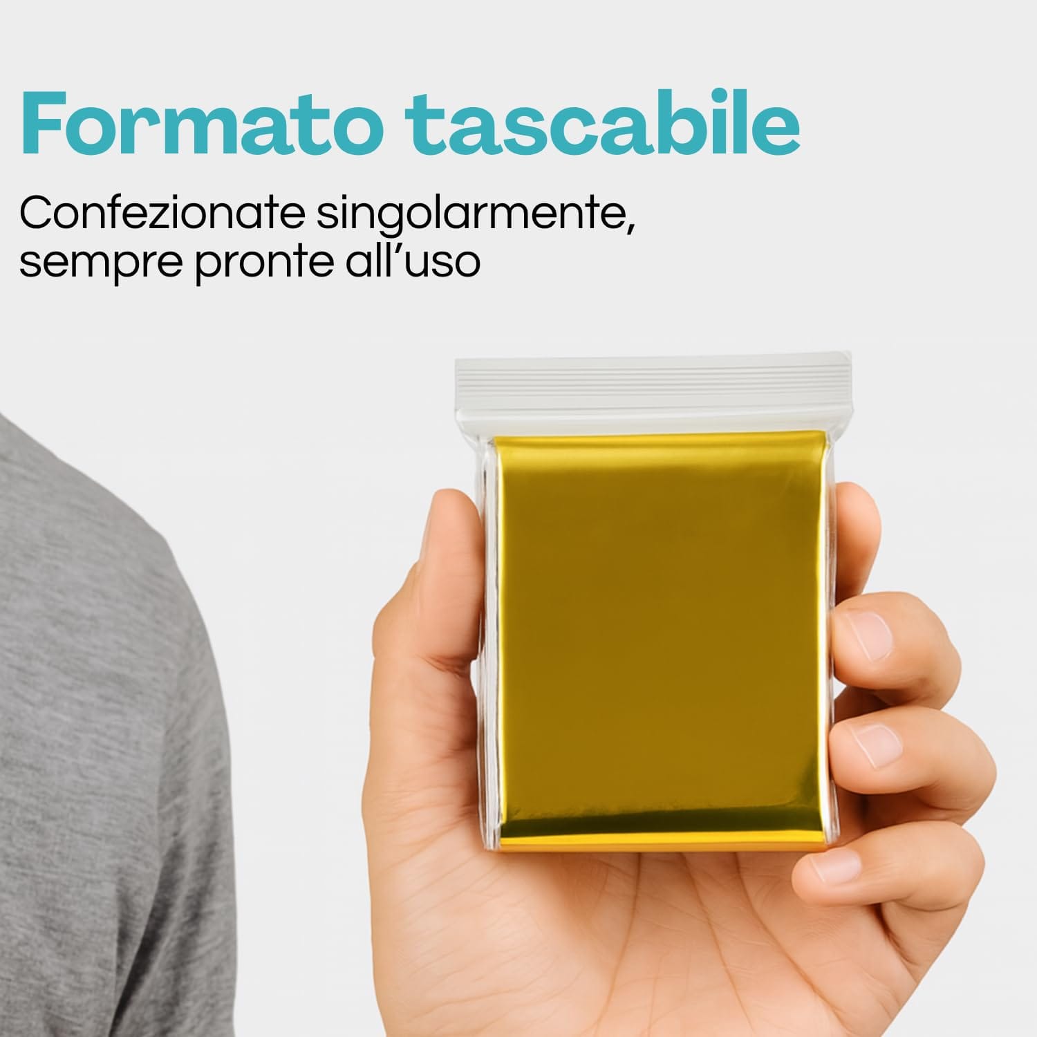 Coperta isotermica tascabile confezionata singolarmente, pronta all’uso in caso di emergenza