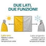 Coperta isotermica doppio uso: lato oro riflette il calore, lato argento trattiene il calore