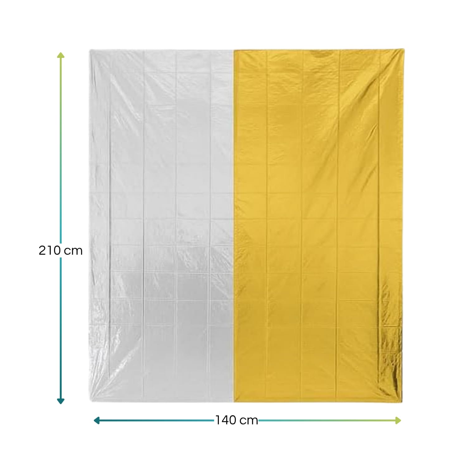 Coperta isotermica aperta 140x210 cm lato oro e argento per emergenze e isolamento termico