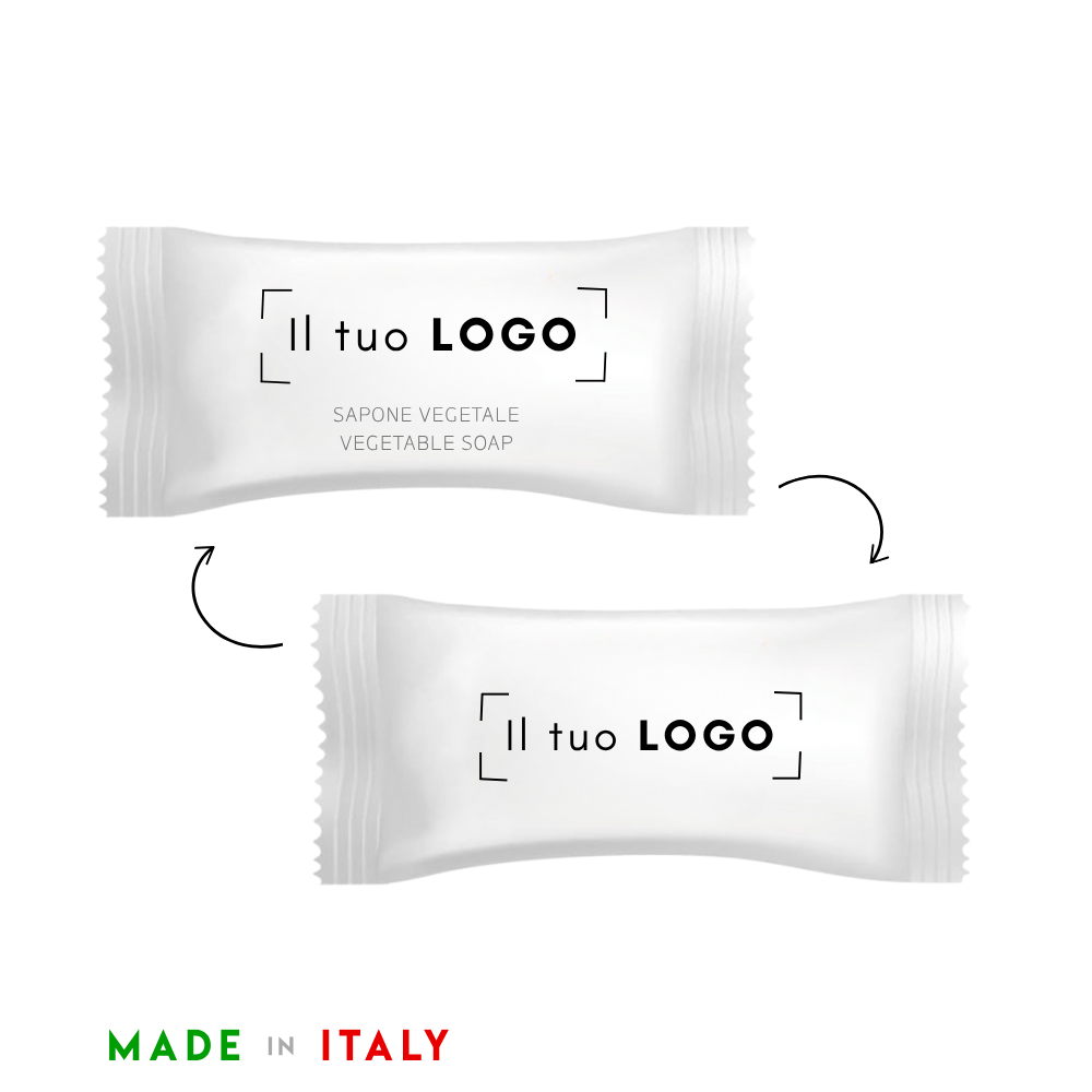 Fronte e retro saponetta vegetale personalizzata da 9 grammi con logo per strutture ricettive