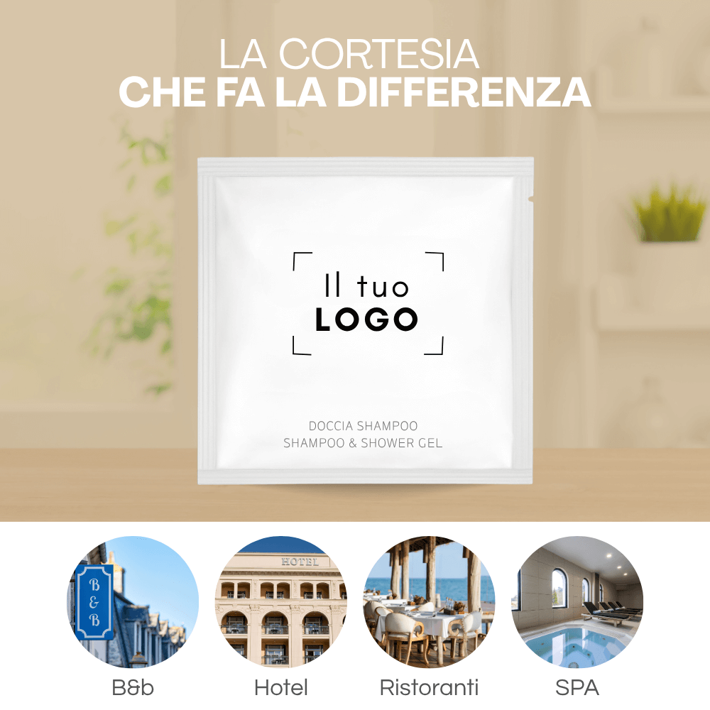 Bustina shampoo doccia monouso personalizzabile con logo per hotel, B&B e SPA