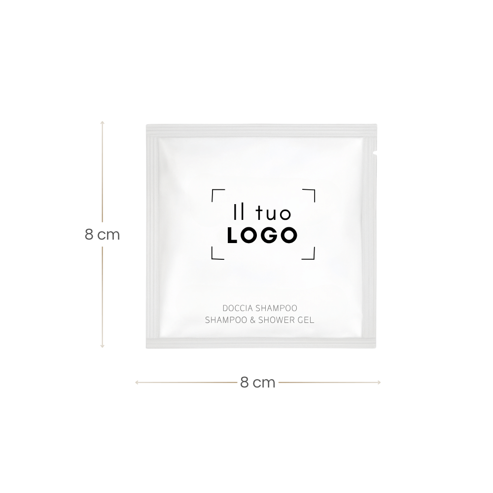 Bustina shampoo doccia monodose quadrata 8x8 cm personalizzabile per hotel