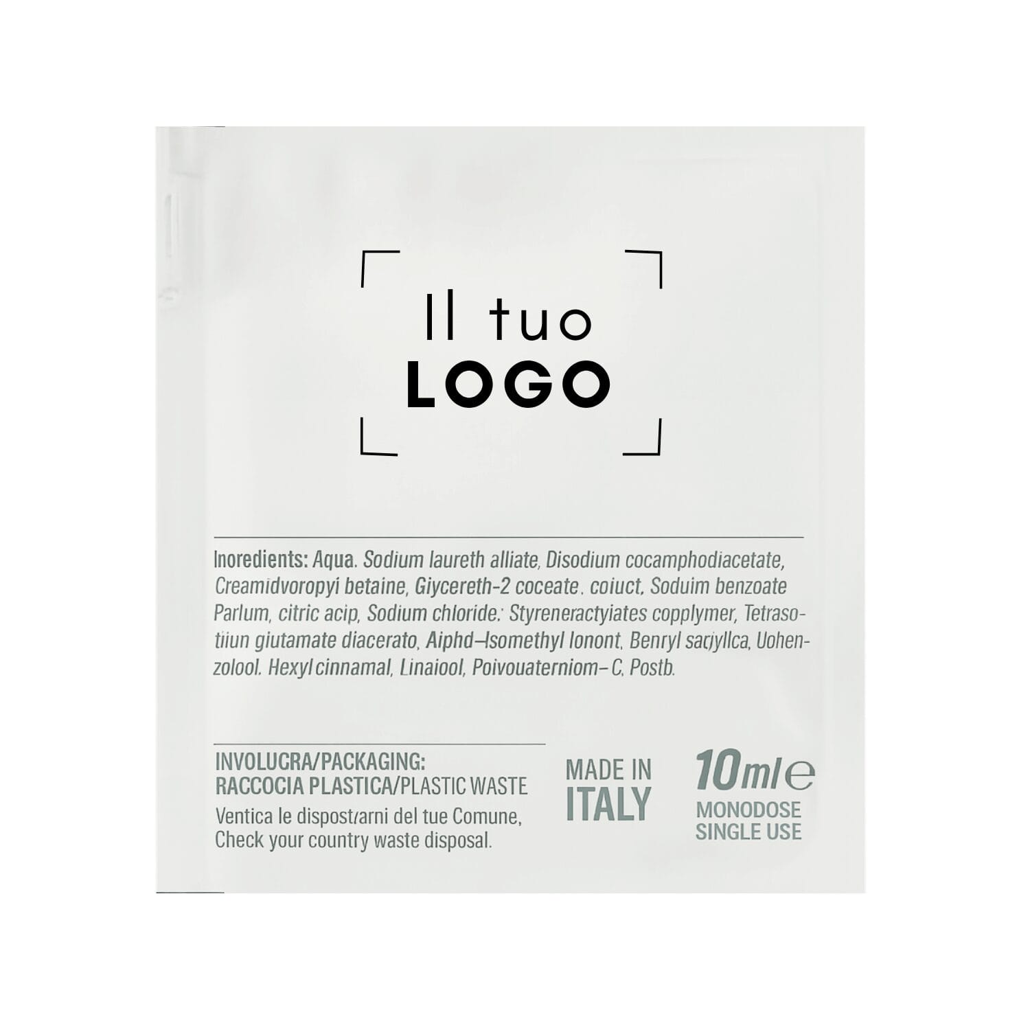 Retro bustina shampoo monodose con ingredienti e dettagli prodotto