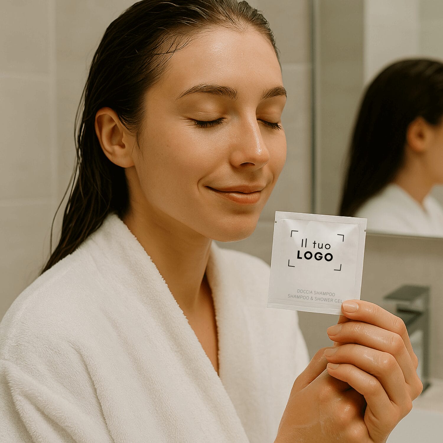 Clienti in struttura ricettiva tiene bustina shampoo doccia monodose personalizzabile hotel