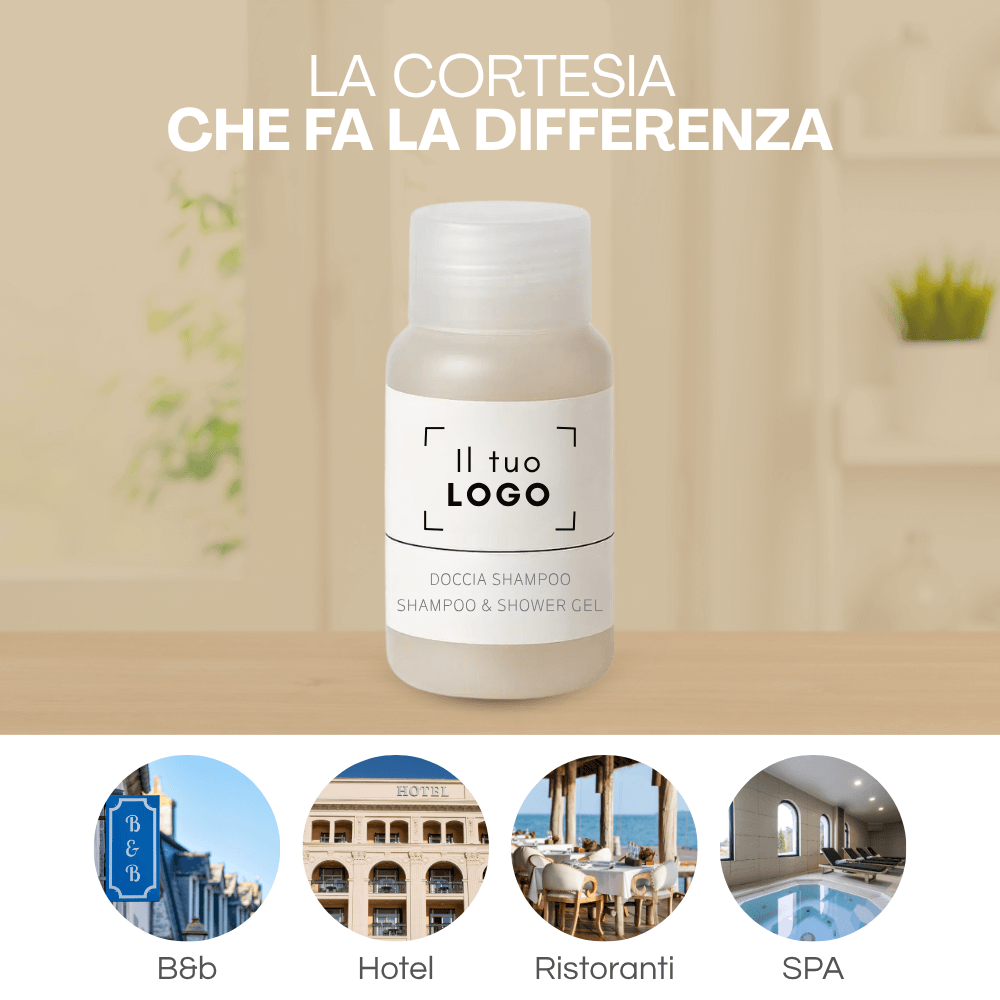 Doccia shampoo personalizzato 20 ml per hotel, B&B, ristoranti e SPA