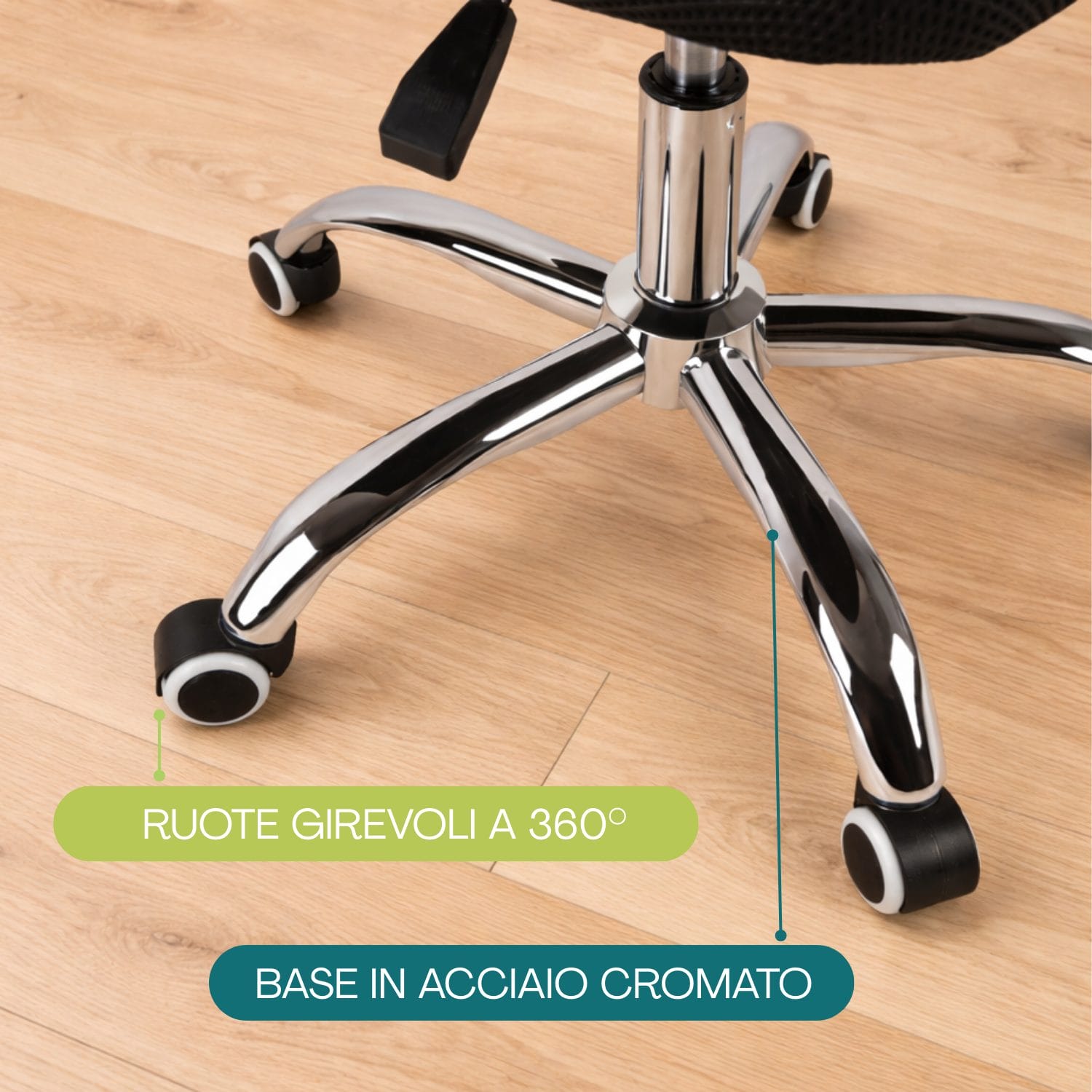 sedia da ufficio nera ruote Sedia da ufficio con base in acciaio cromato e ruote girevoli a 360 gradi su pavimento in legno
