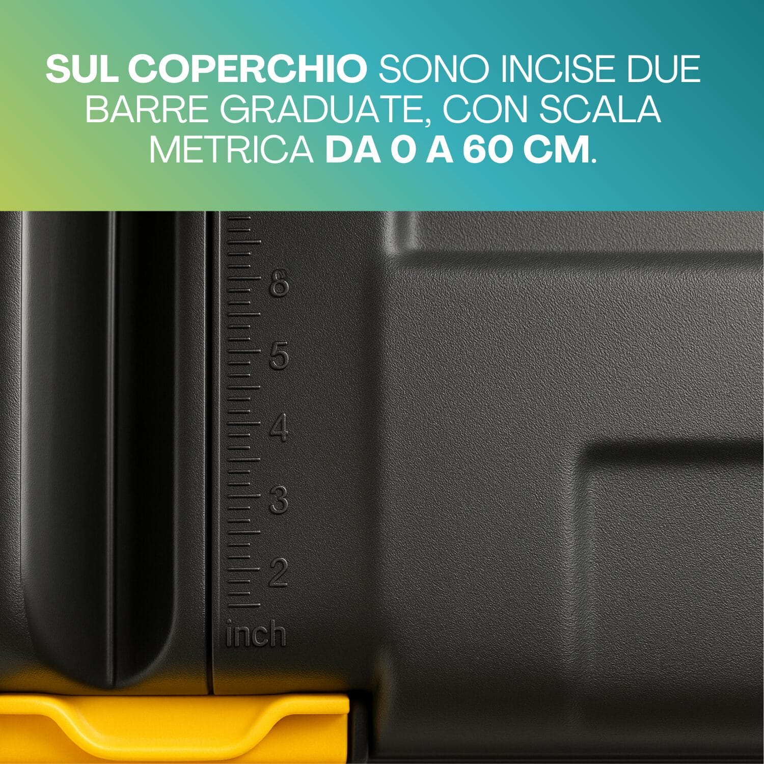 Primo piano coperchio box porta attrezzi con barra metrica incisa da 0 a 60 cm