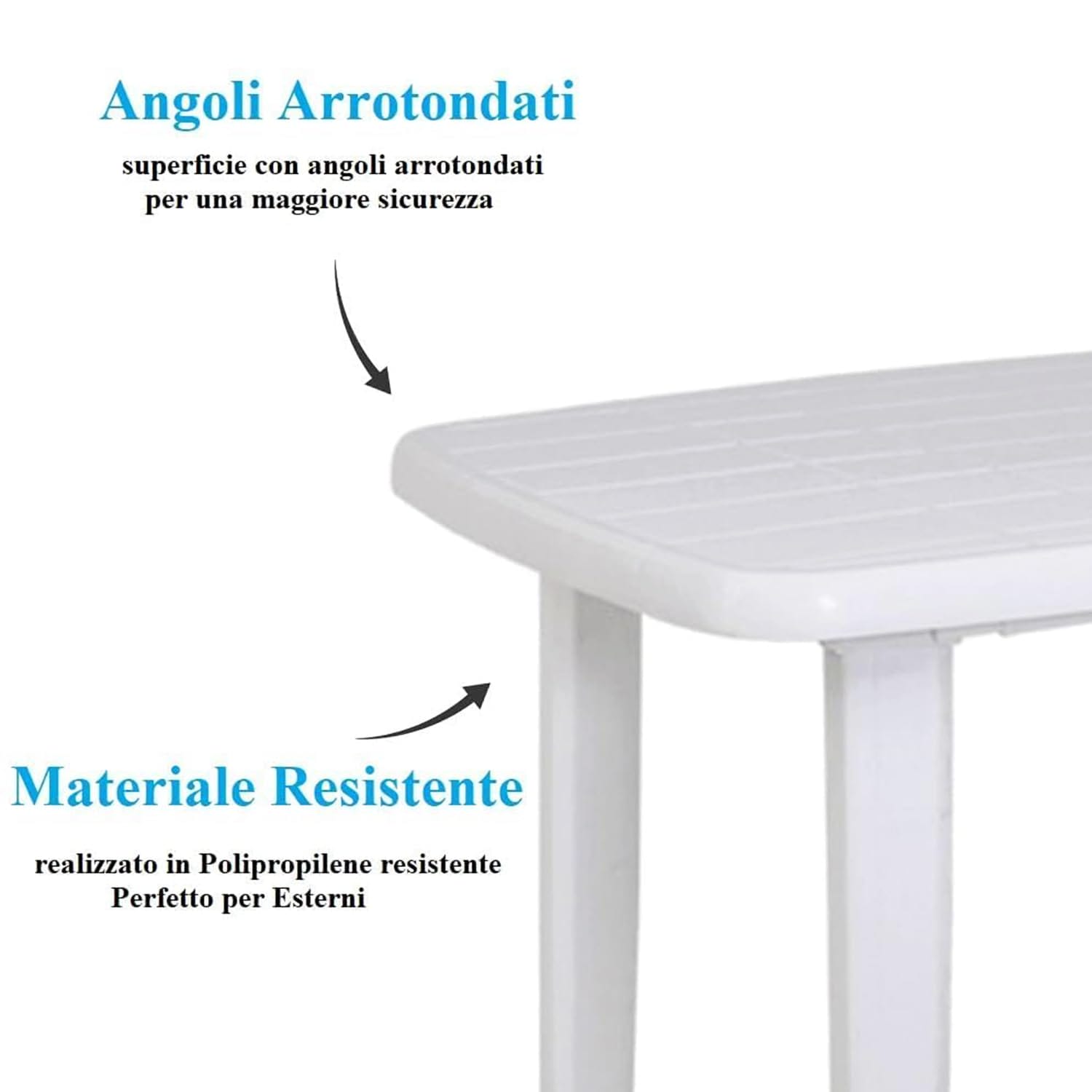 Dettaglio tavolo in plastica bianca con angoli arrotondati e superficie resistente