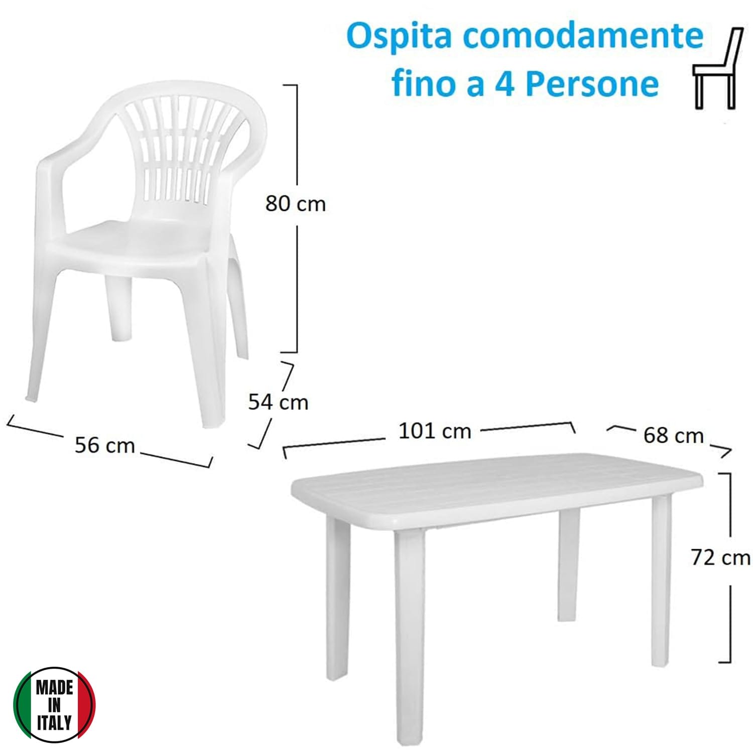 Tavolo ovale bianco con 4 sedie in plastica e misure dettagliate per esterni