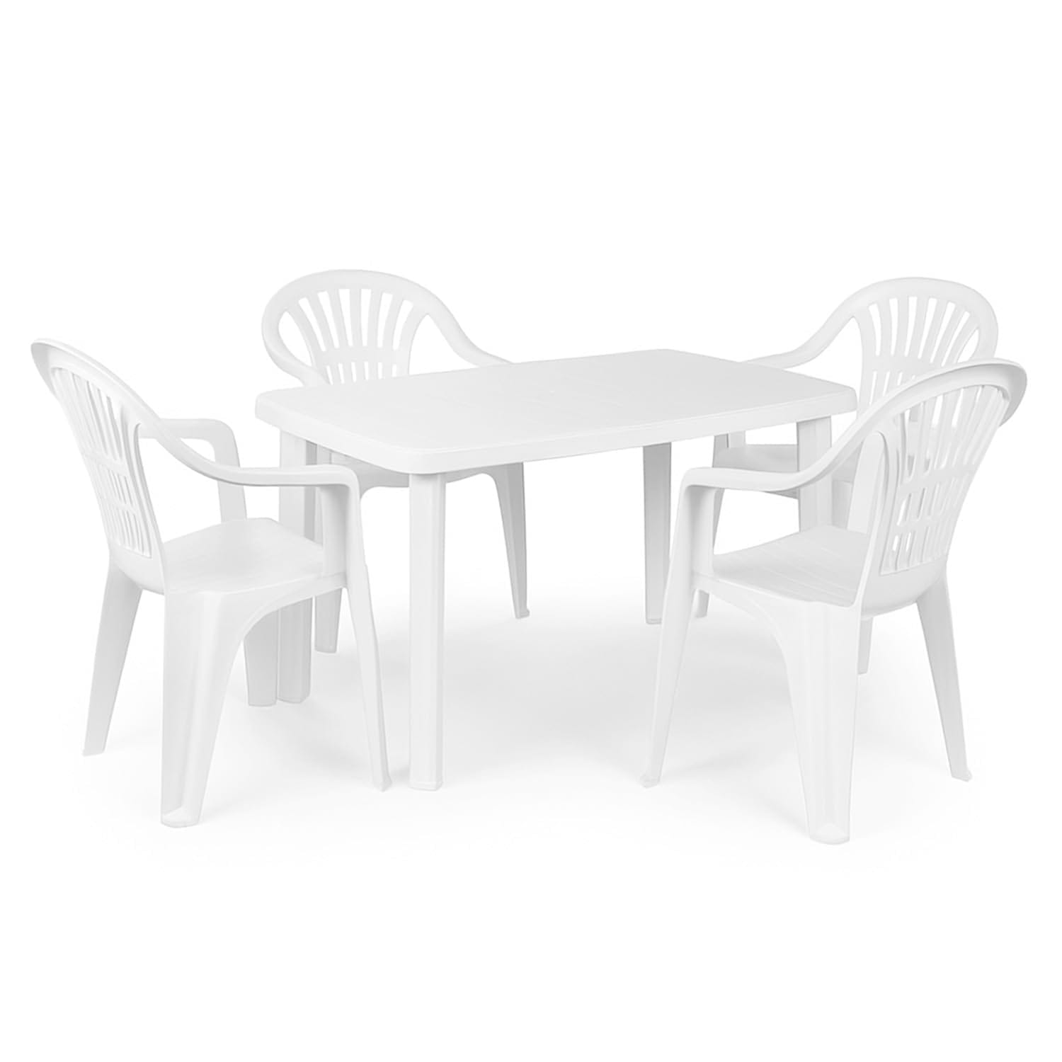 Set pranzo tavolo ovale bianco con 4 sedie in plastica impilabili con braccioli