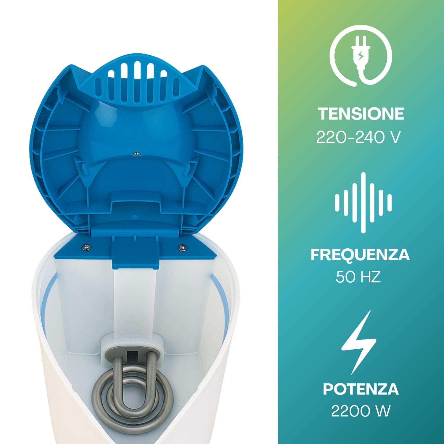 bollitore-elettrico-dettagli-blu Interno bollitore elettrico blu con resistenza e dati tecnici 2200W