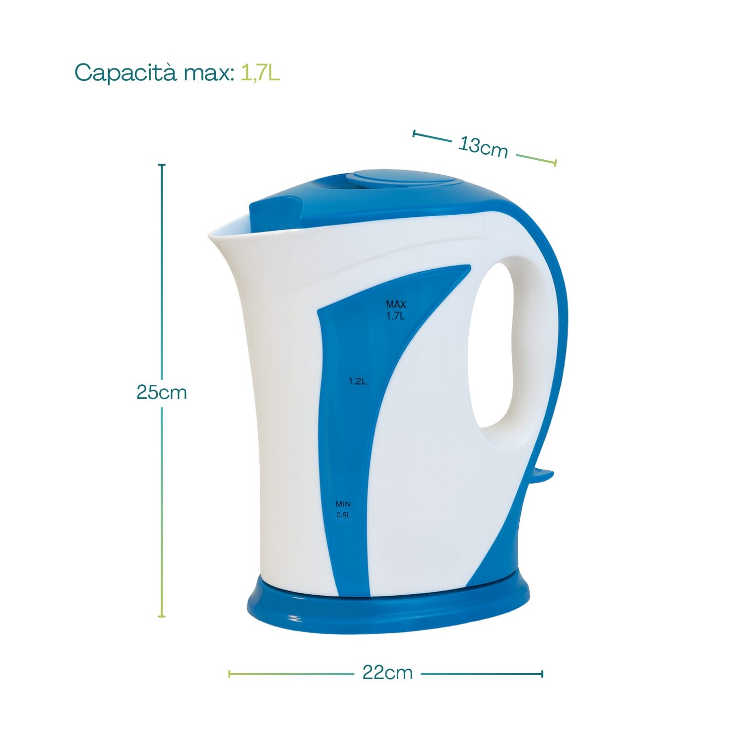 bollitore-elettrico-misure-blu Bollitore elettrico blu capacità 1.7L con misure 25x22x13 cm
