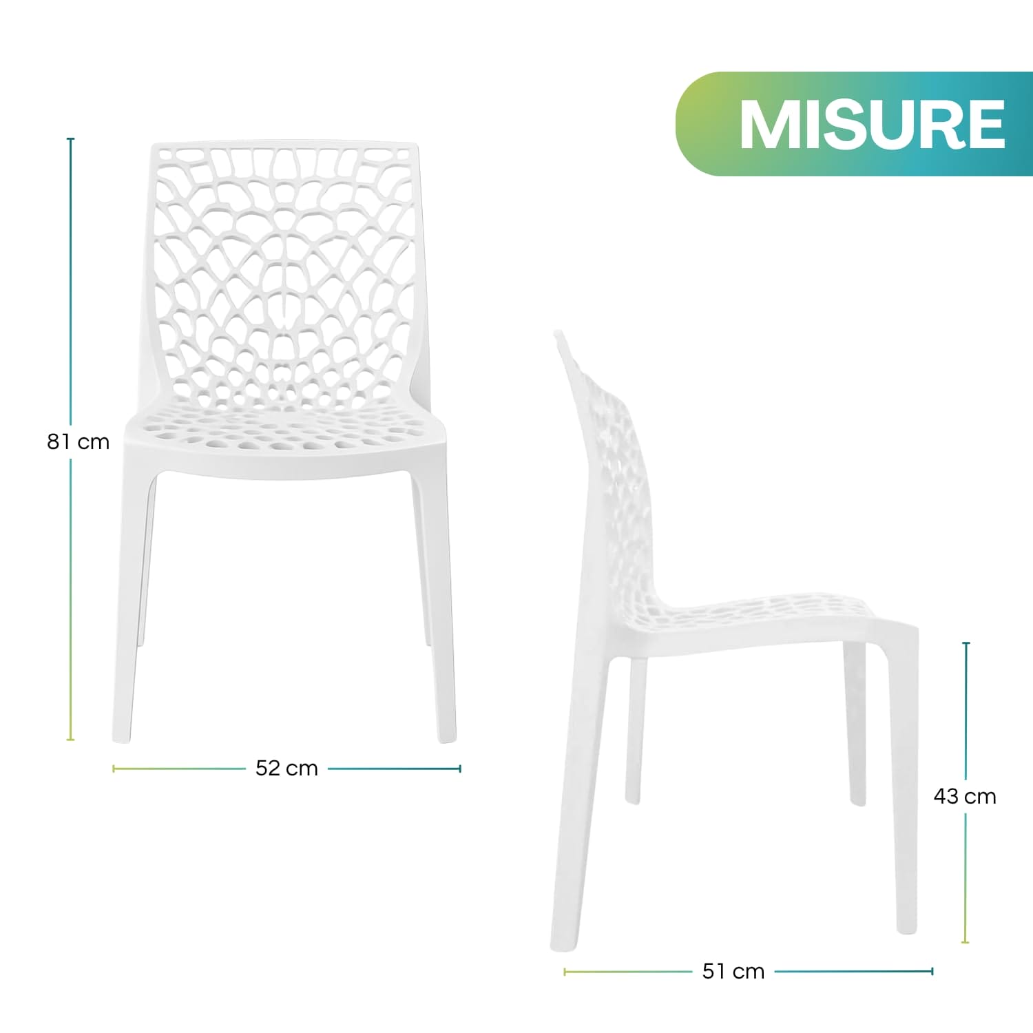 Sedia GRANDSOLEIL bianca in polipropilene traforato con misure 52x51x81 cm seduta 43 cm