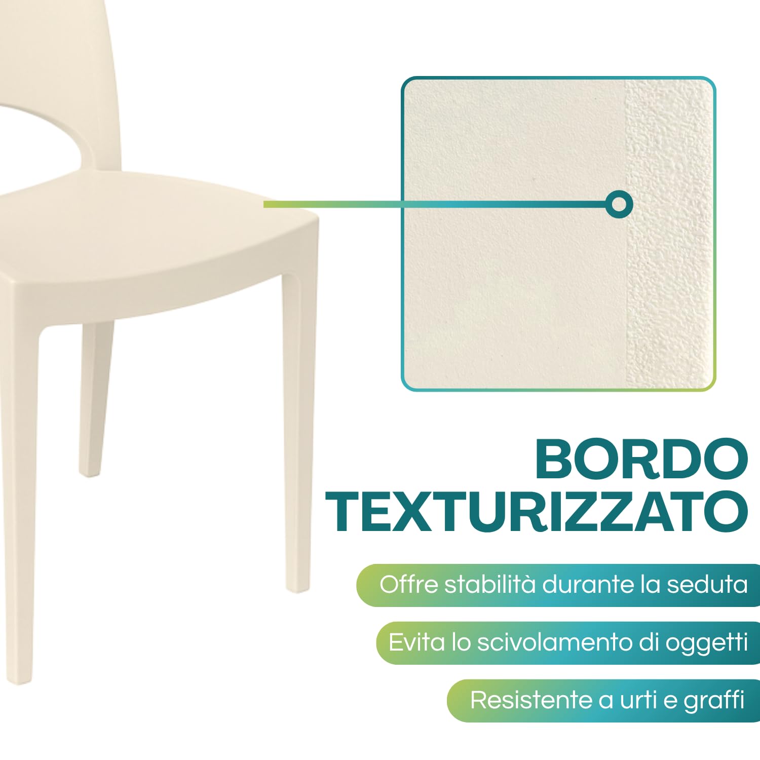 Dettaglio bordo texturizzato sedia Paris in polipropilene avorio GRANDSOLEIL