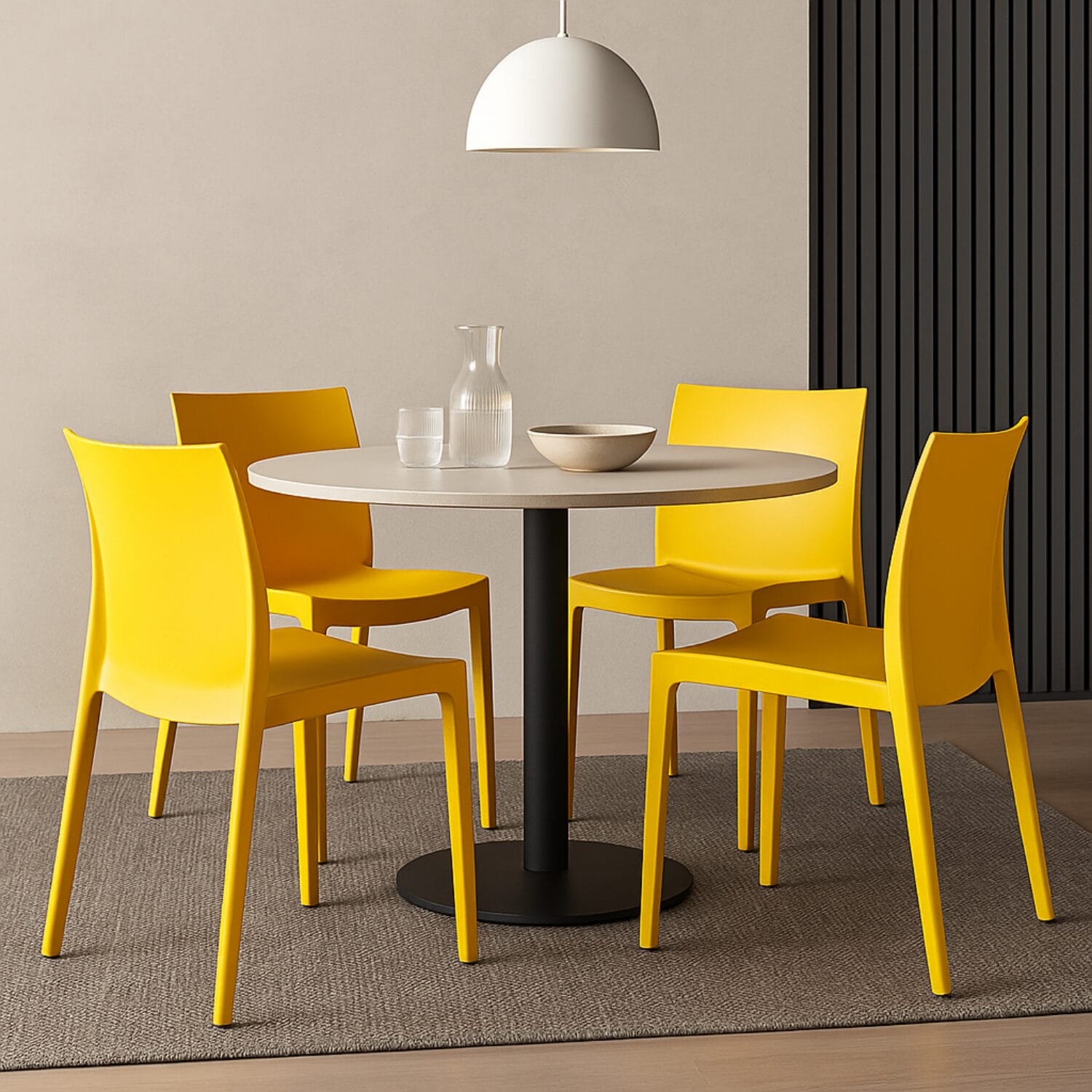 Set 4 sedie gialle Grandsoleil Venice in plastica impilabili abbinate a tavolo rotondo design