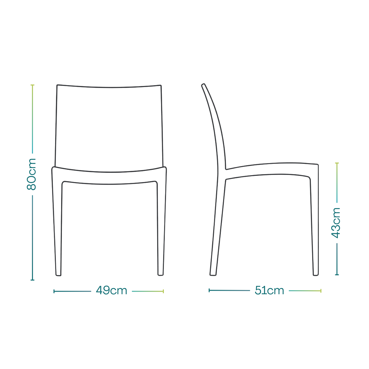 Illustrazione tecnica sedia Venice in plastica con altezza totale 80 cm e seduta 43 cm