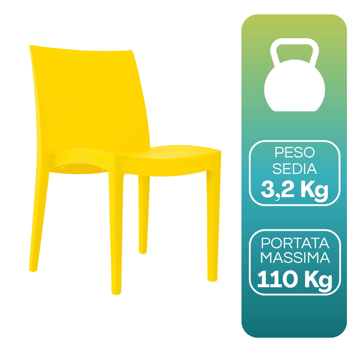 Sedia Venice gialla in polipropilene peso 3,2 kg portata massima 110 kg