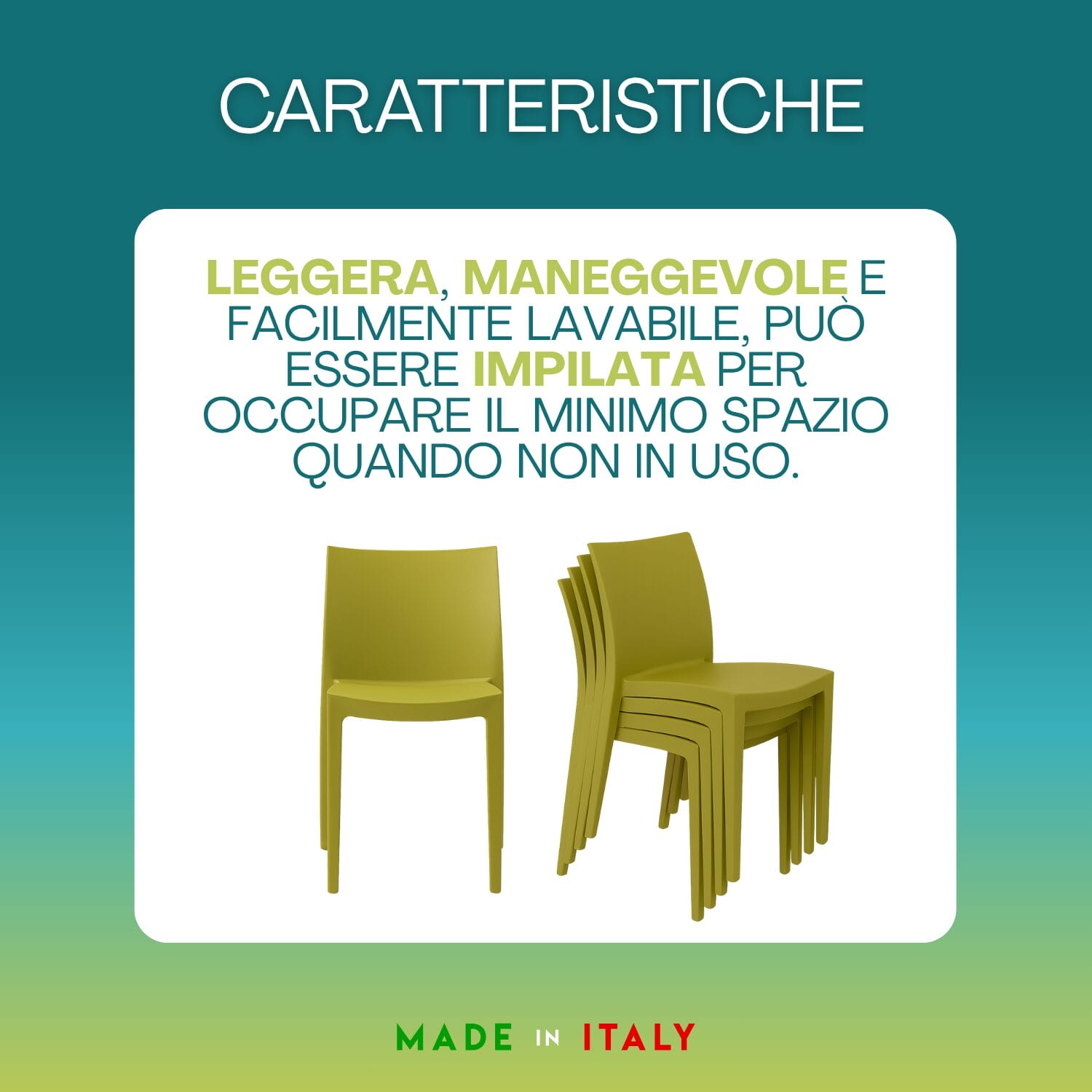 Sedie Venice verde anice in polipropilene impilabili leggere e lavabili Made in Italy
