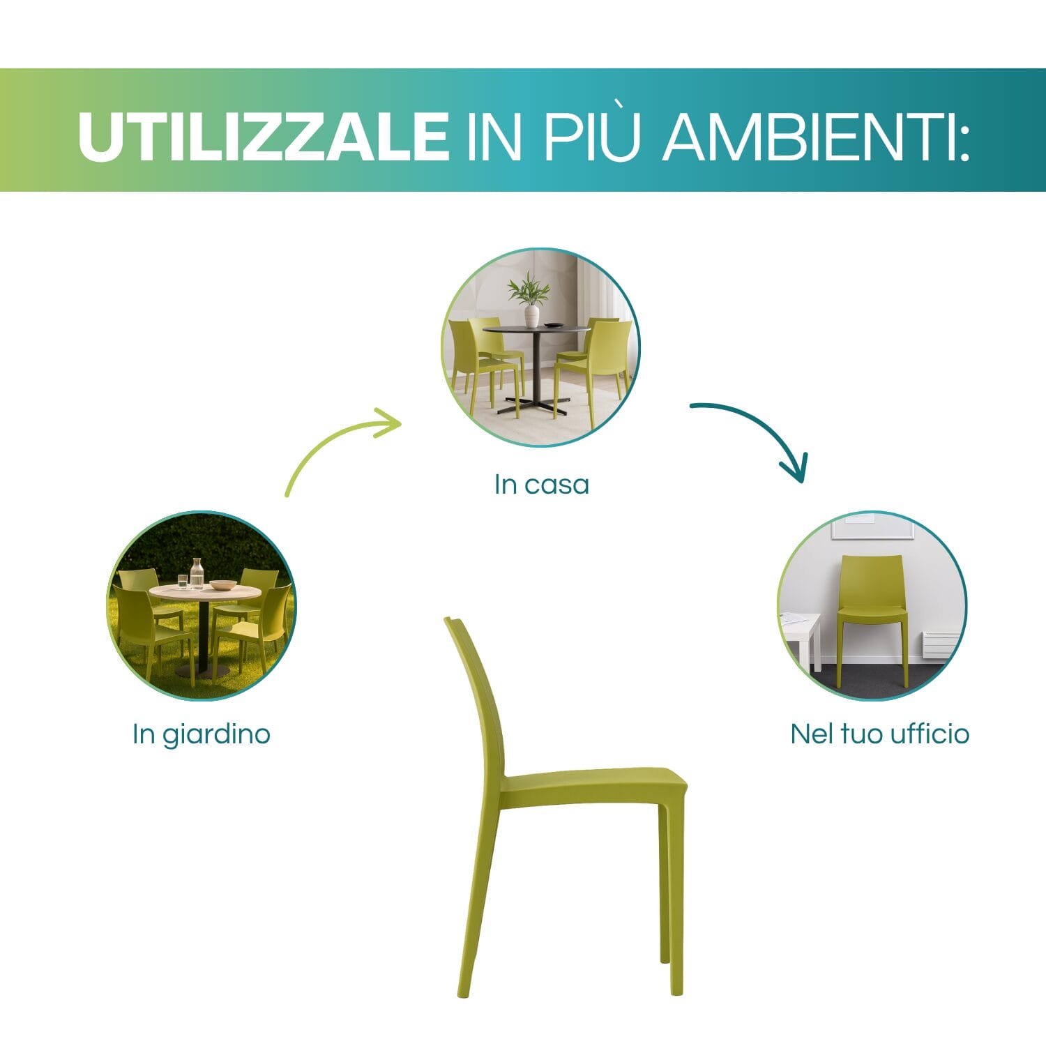 Sedia Venice verde anice in polipropilene utilizzabile in casa ufficio e giardino