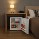 Mini frigo 46L bianco con porta aperta in camera hotel bevande e snack al suo interno