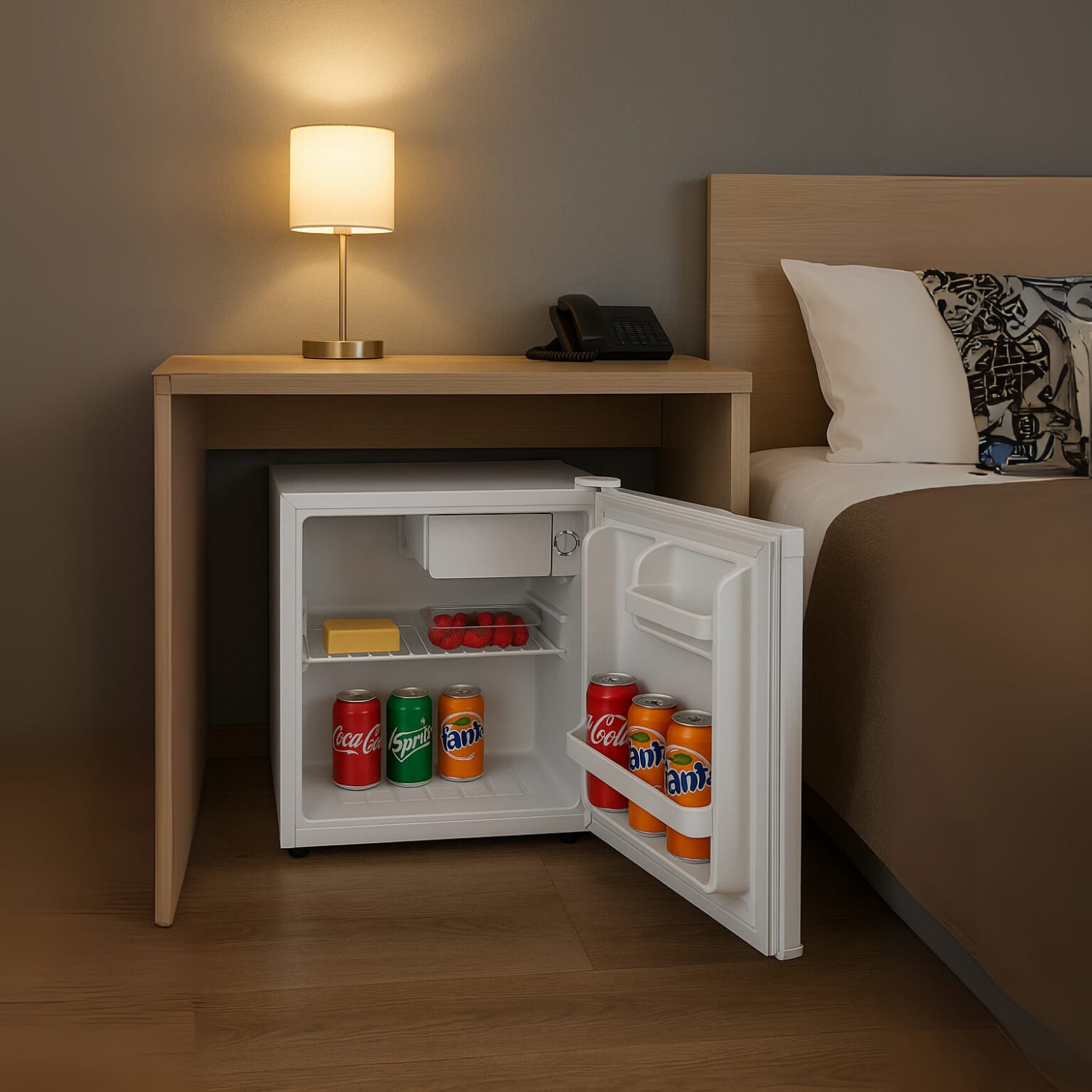 Mini frigo 46L bianco con porta aperta in camera hotel bevande e snack al suo interno