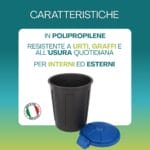 Bidone rifiuti 25 litri nero con coperchio blu in plastica per uso interno ed esterno