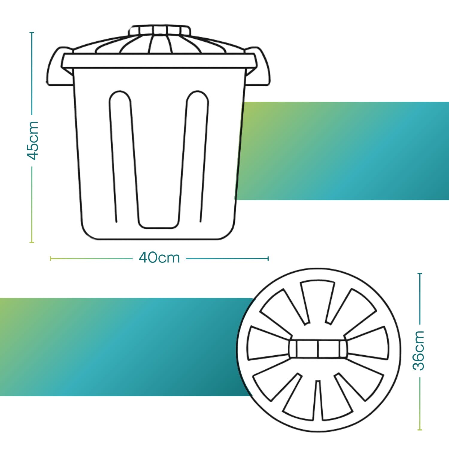 Disegno tecnico pattumiera 25 litri in plastica con misure 45x40x36 cm
