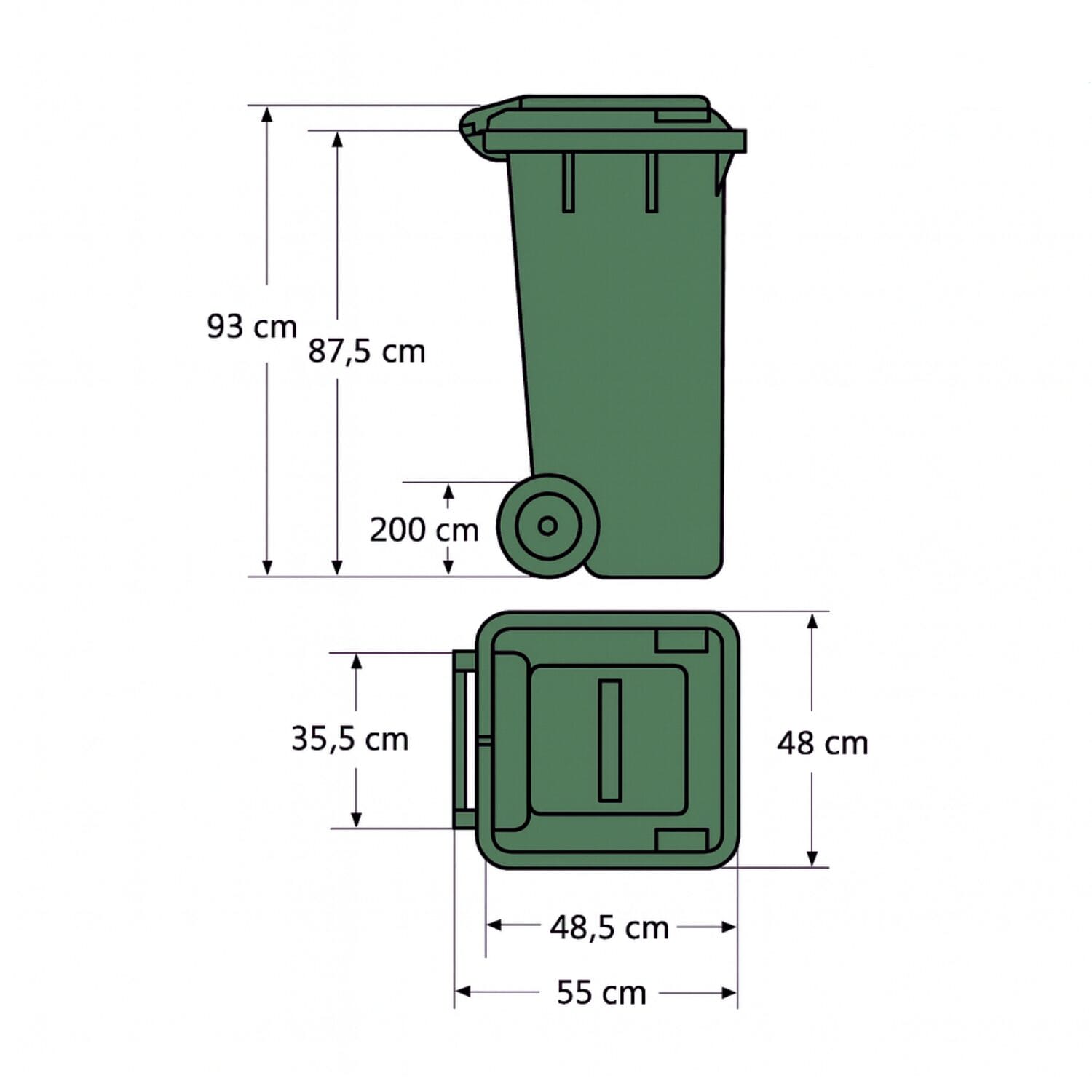 10-secchio-120l-misura Illustrazione con misure bidone portarifiuti 120 litri verde per raccolta differenziata