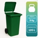 12-secchio-120l-peso Contenitore rifiuti 120 litri verde con ruote, capacità 120L e peso 9 kg