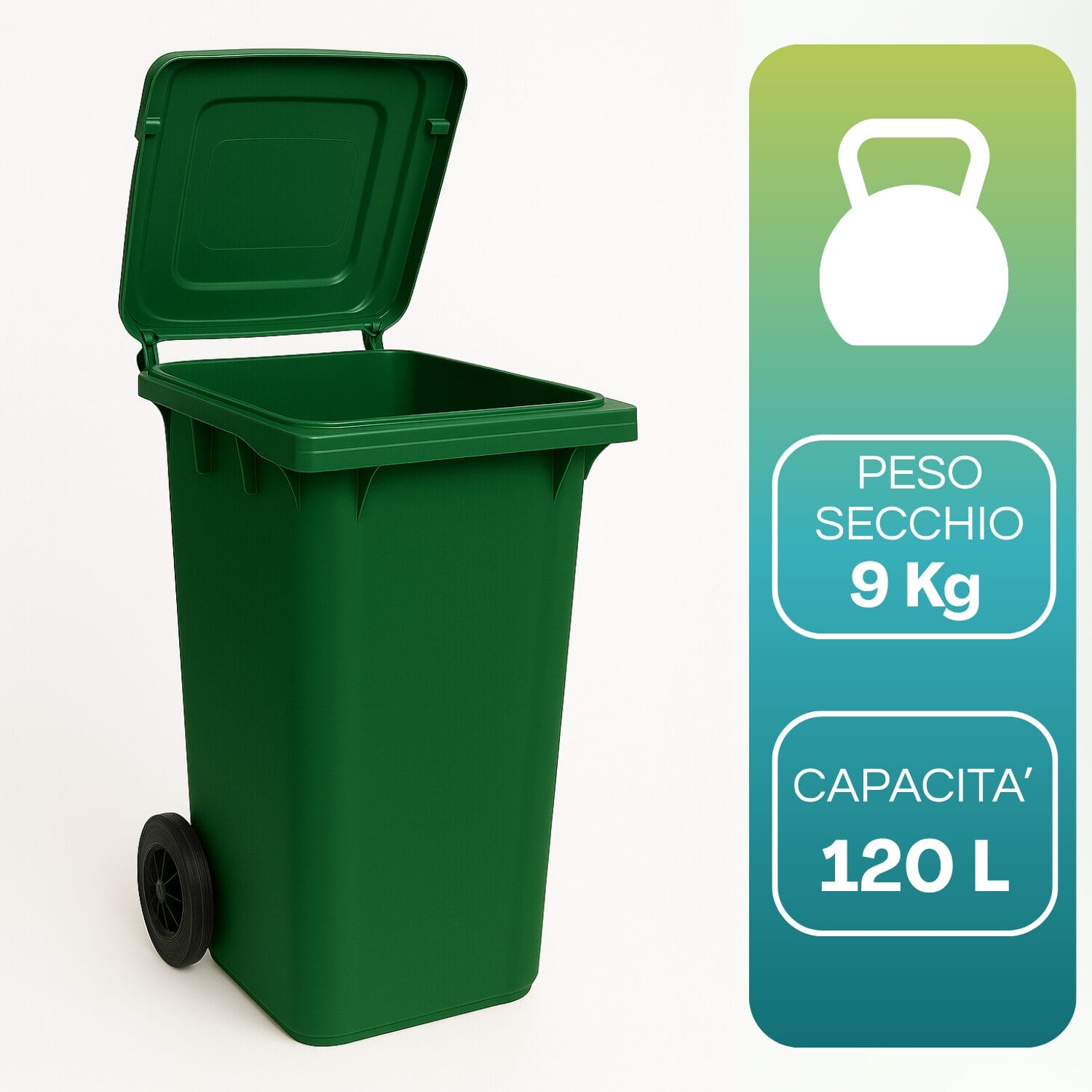 12-secchio-120l-peso Contenitore rifiuti 120 litri verde con ruote, capacità 120L e peso 9 kg
