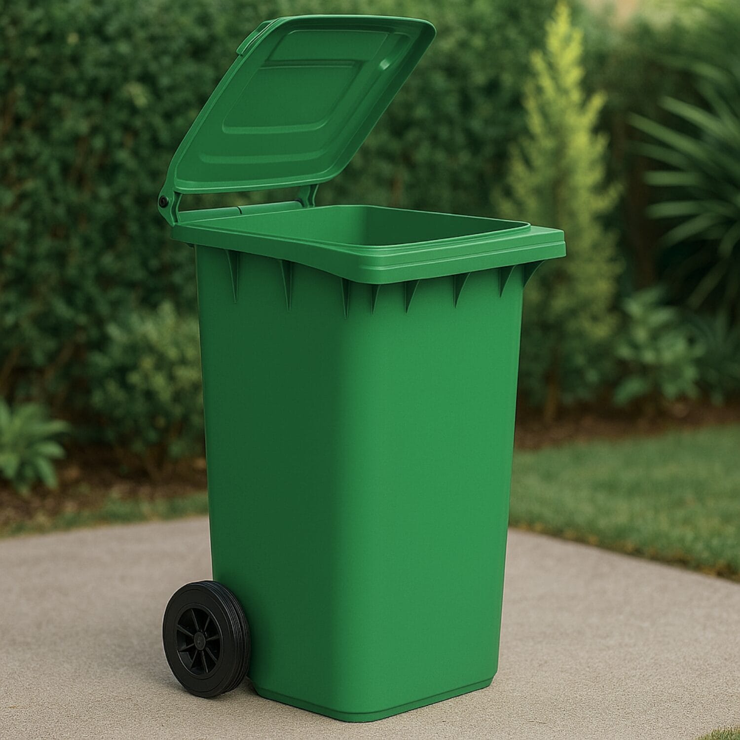 15-secchio-120l-coreografica Pattumiera verde da 120 litri in plastica con ruote e coperchio aperto per raccolta differenziata