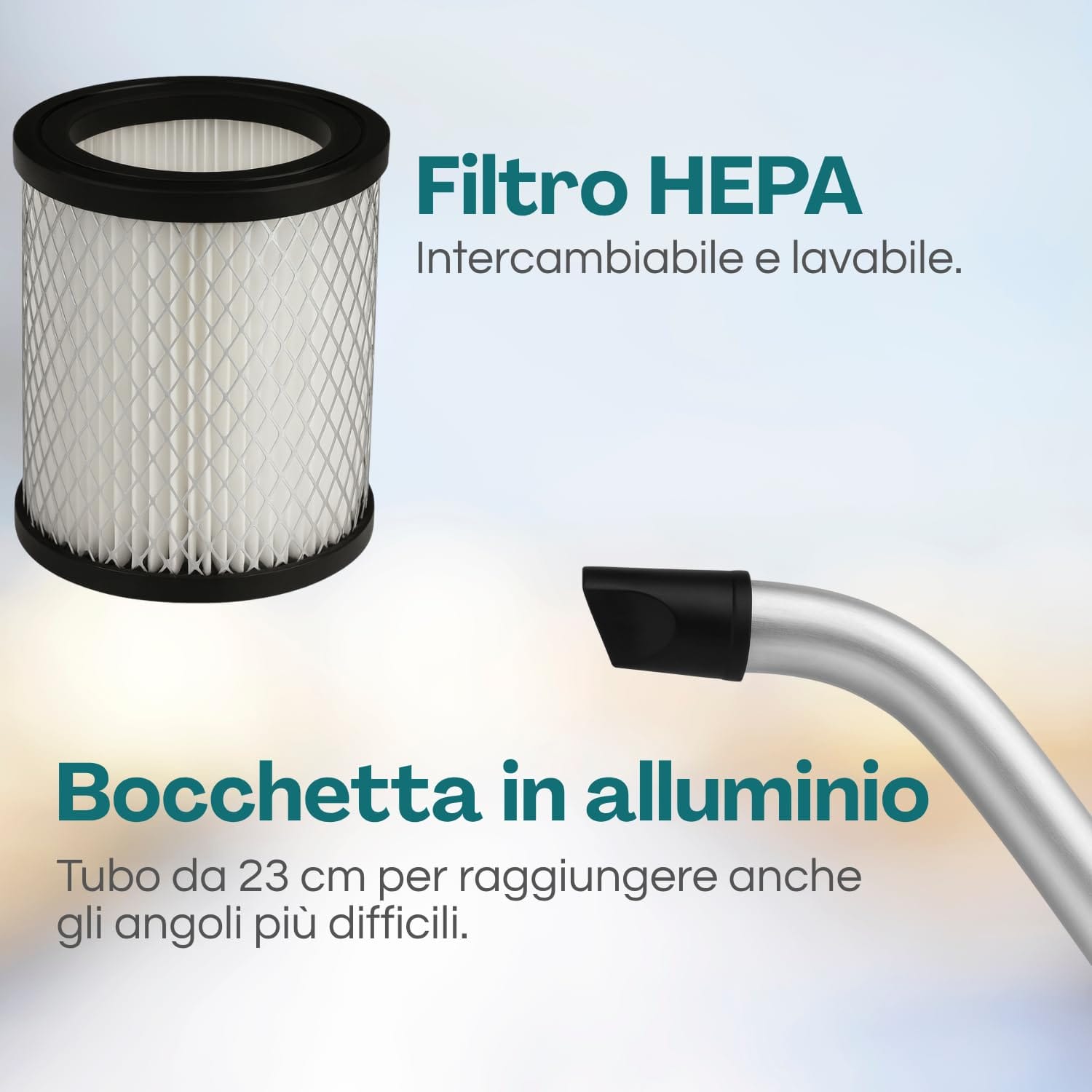 Filtro HEPA lavabile e bocchetta in alluminio aspiracenere