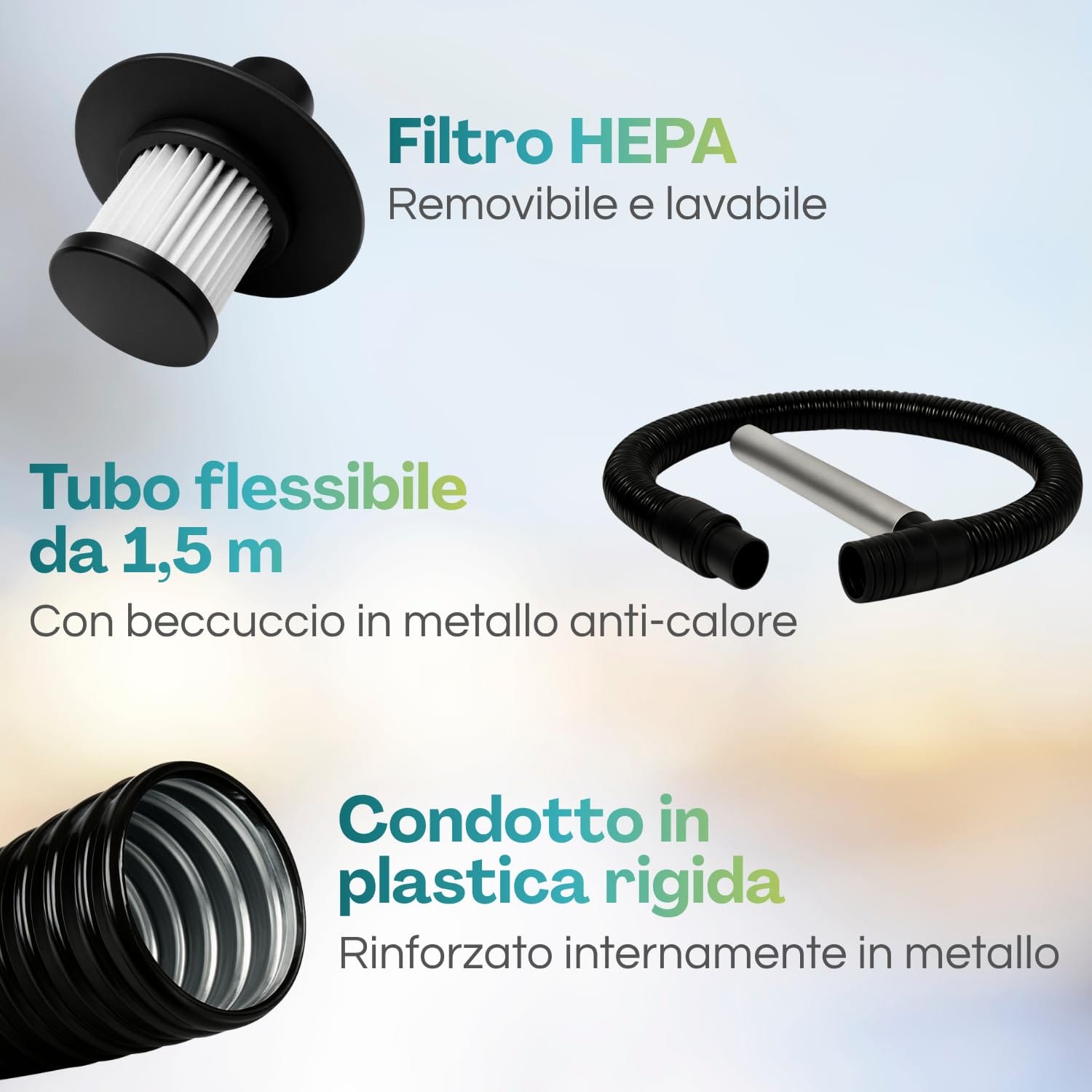 Filtro HEPA lavabile e tubo flessibile 1,5 m con beccuccio in metallo per aspiracenere Paluplus