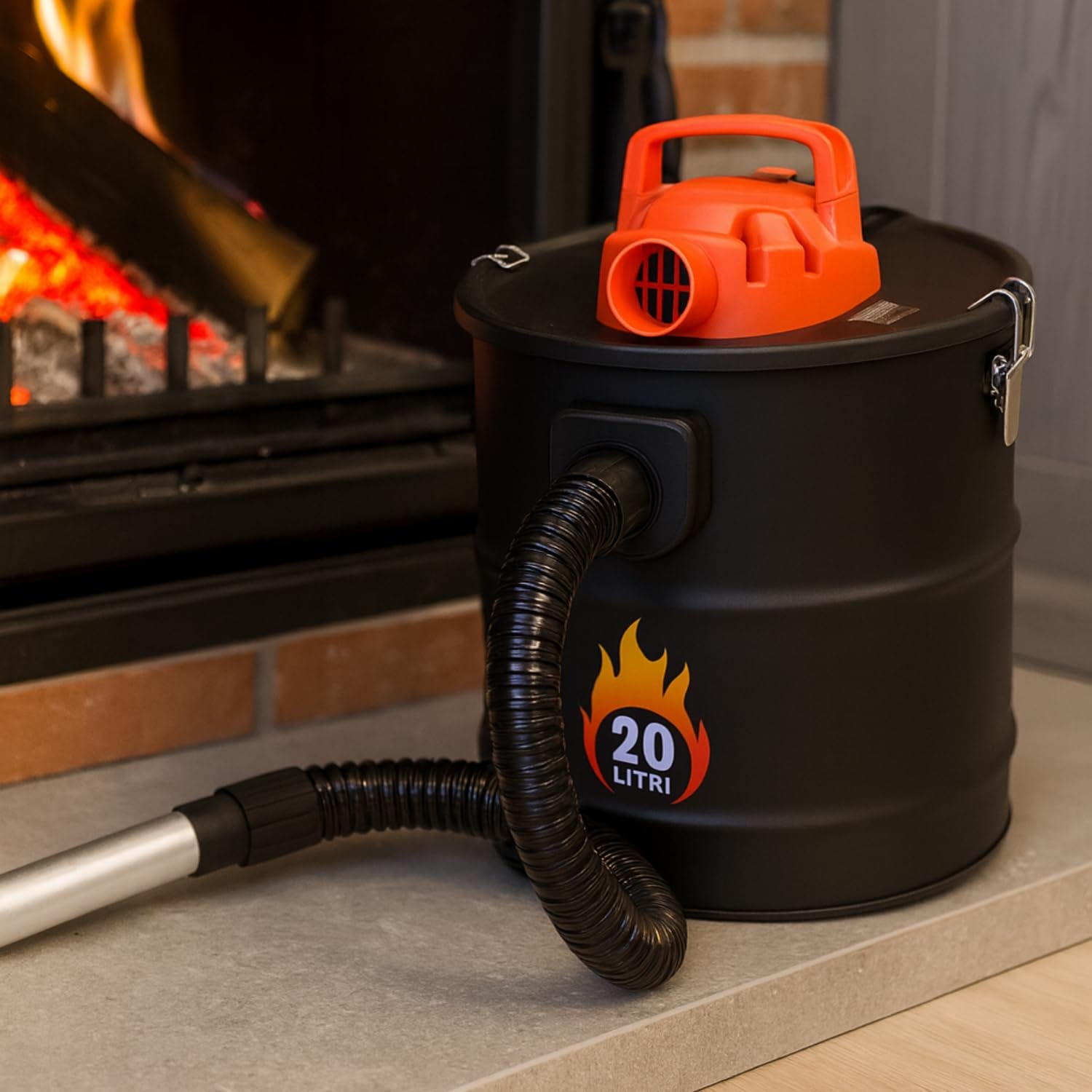 Aspiracenere elettrico Paluplus 20 litri per camini e stufe a pellet con coperchio arancione