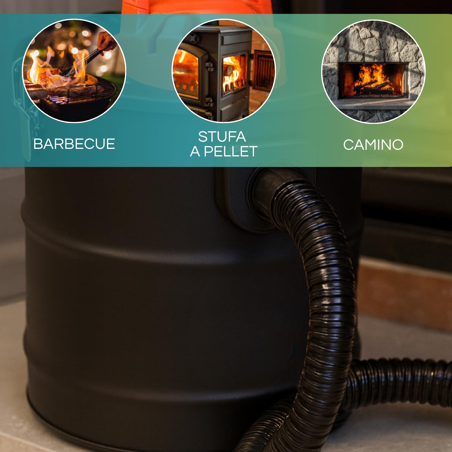 Aspiracenere Paluplus per camino, stufa a pellet e barbecue con tubo rinforzato in metallo