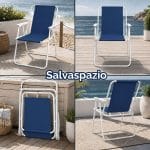 Spiaggina blu pieghevole salvaspazio 52x53x75 cm Sedia pieghevole da spiaggia blu con braccioli, vista aperta fronte e retro e ripiegata per occupare meno spazio