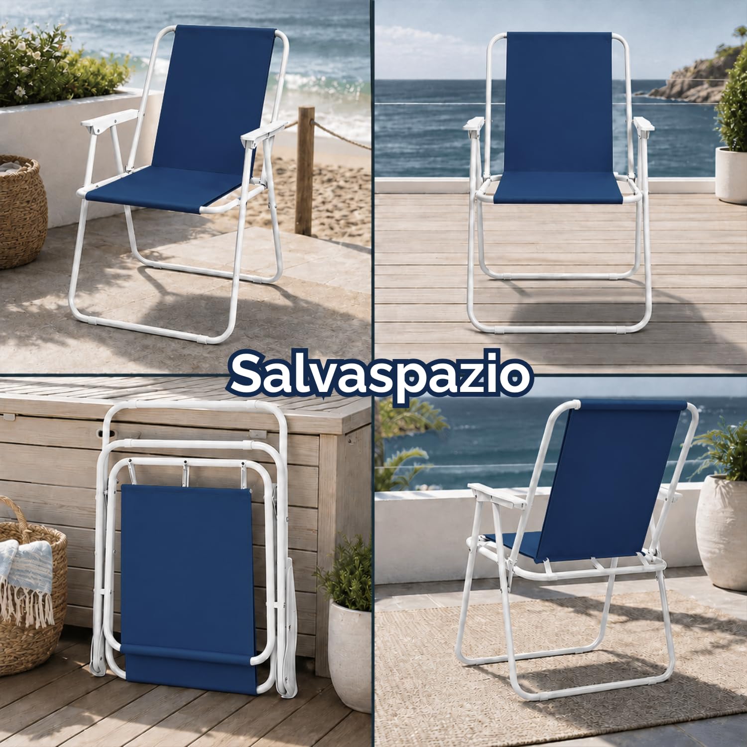 Spiaggina blu pieghevole salvaspazio 52x53x75 cm Sedia pieghevole da spiaggia blu con braccioli, vista aperta fronte e retro e ripiegata per occupare meno spazio
