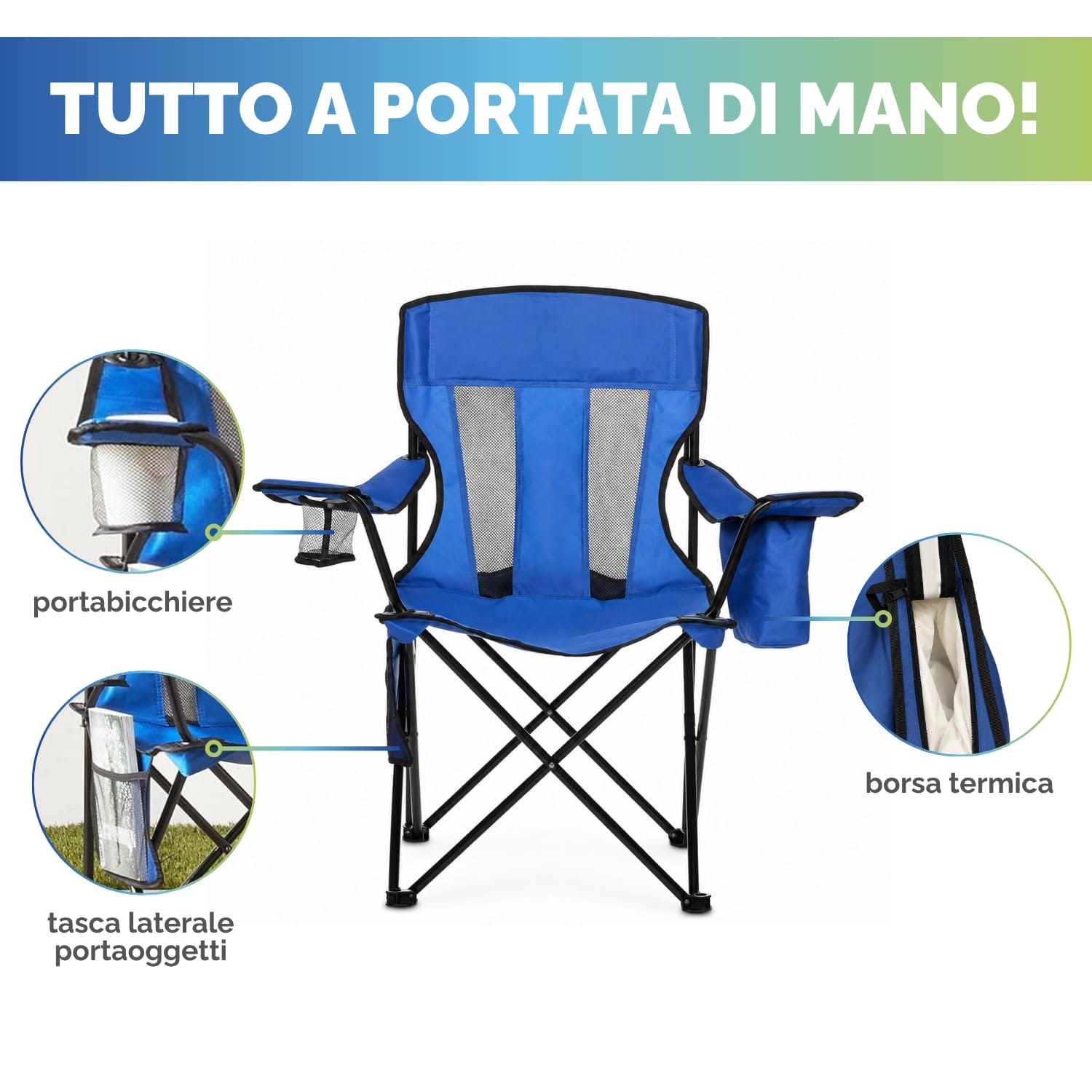 Sedia campeggio con portaoggetti e portabicchieri Sedia pieghevole blu con portabicchieri laterale e tasca portaoggetti in rete