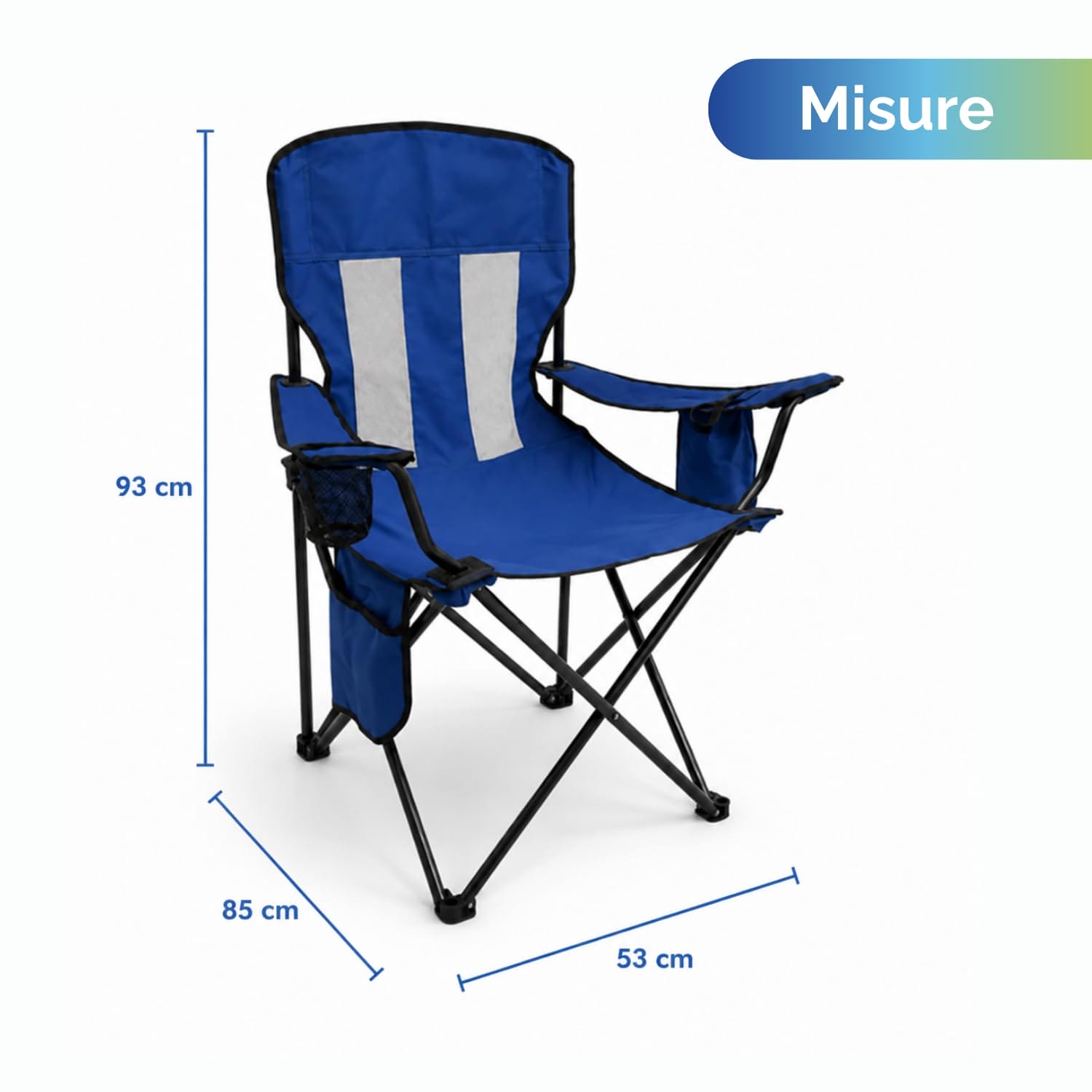 Sedia da campeggio pieghevole 85x53x93 cm Sedia pieghevole da campeggio blu con dimensioni evidenziate e struttura richiudibile